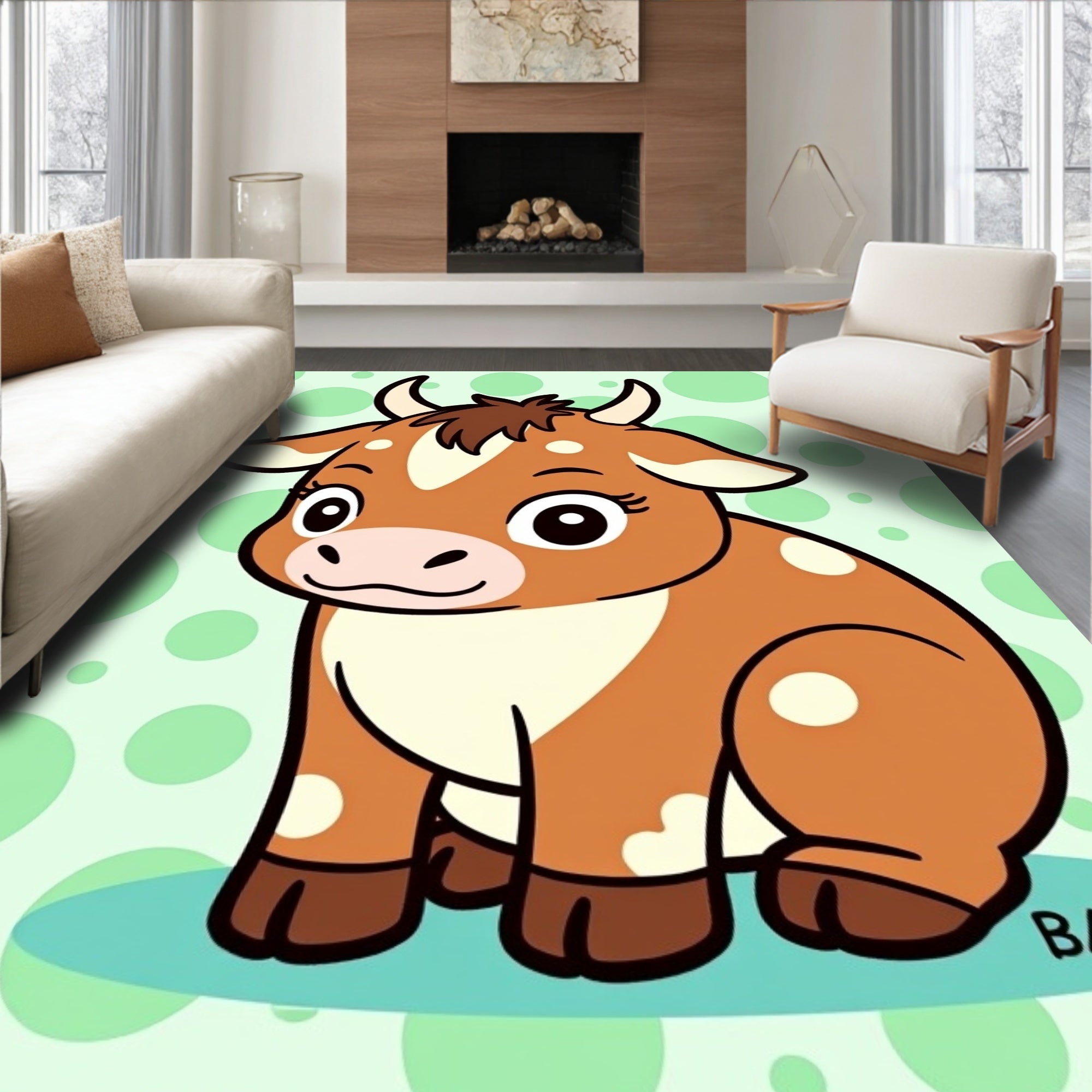 Cute Brown Spotted Cow Green Circles Rug