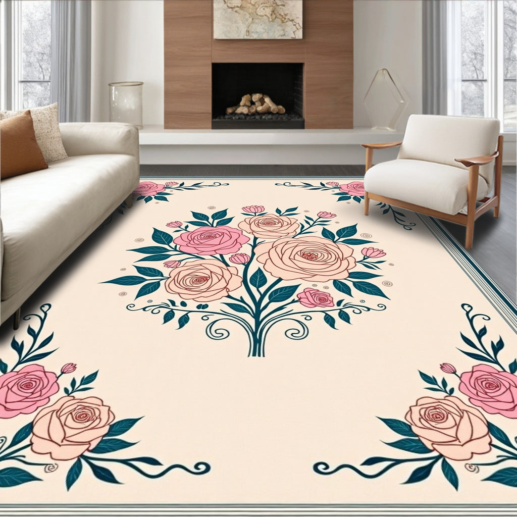 Floral Swirl Rose Bouquet Design Rug