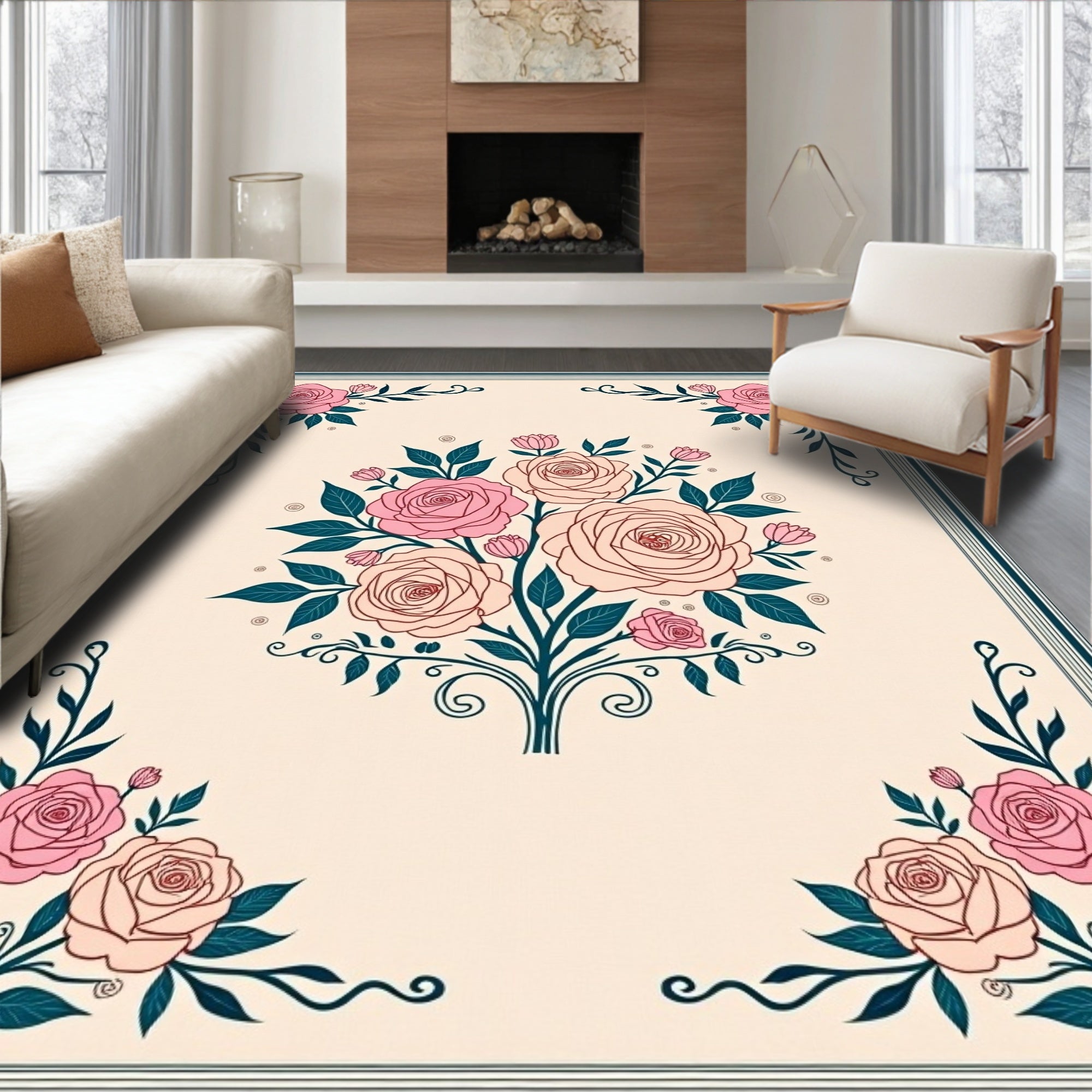 Floral Swirl Rose Bouquet Design Rug