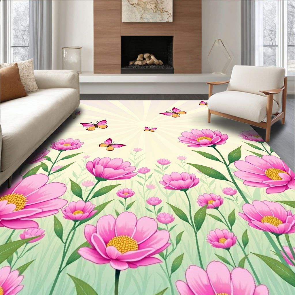 Floral Butterflies Spring Meadow Design Rug