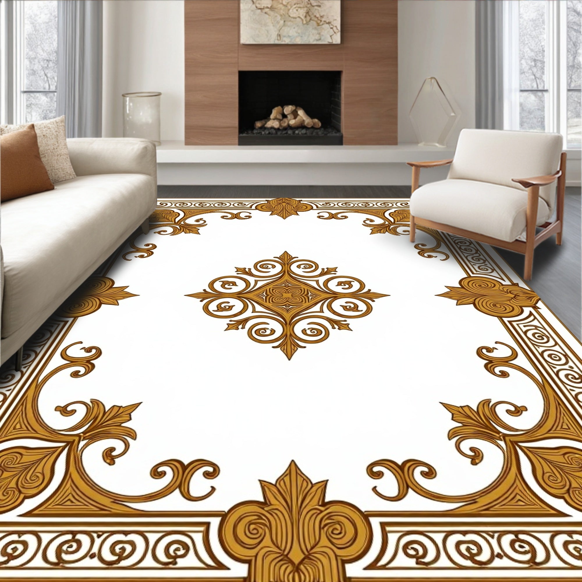 Golden Ornate Scrollwork Filigree Pattern Rug