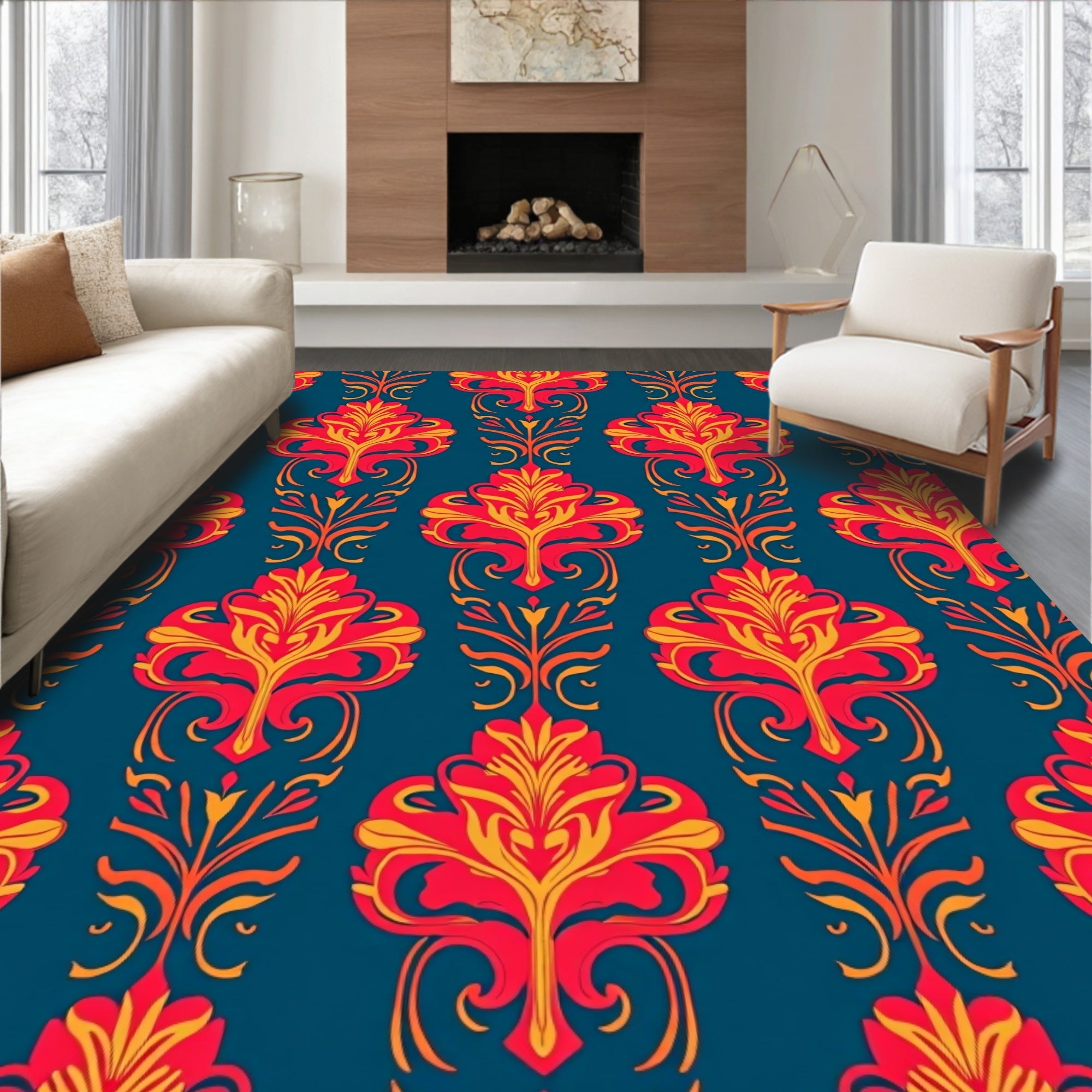 Ornate Red Gold Floral Pattern Rug