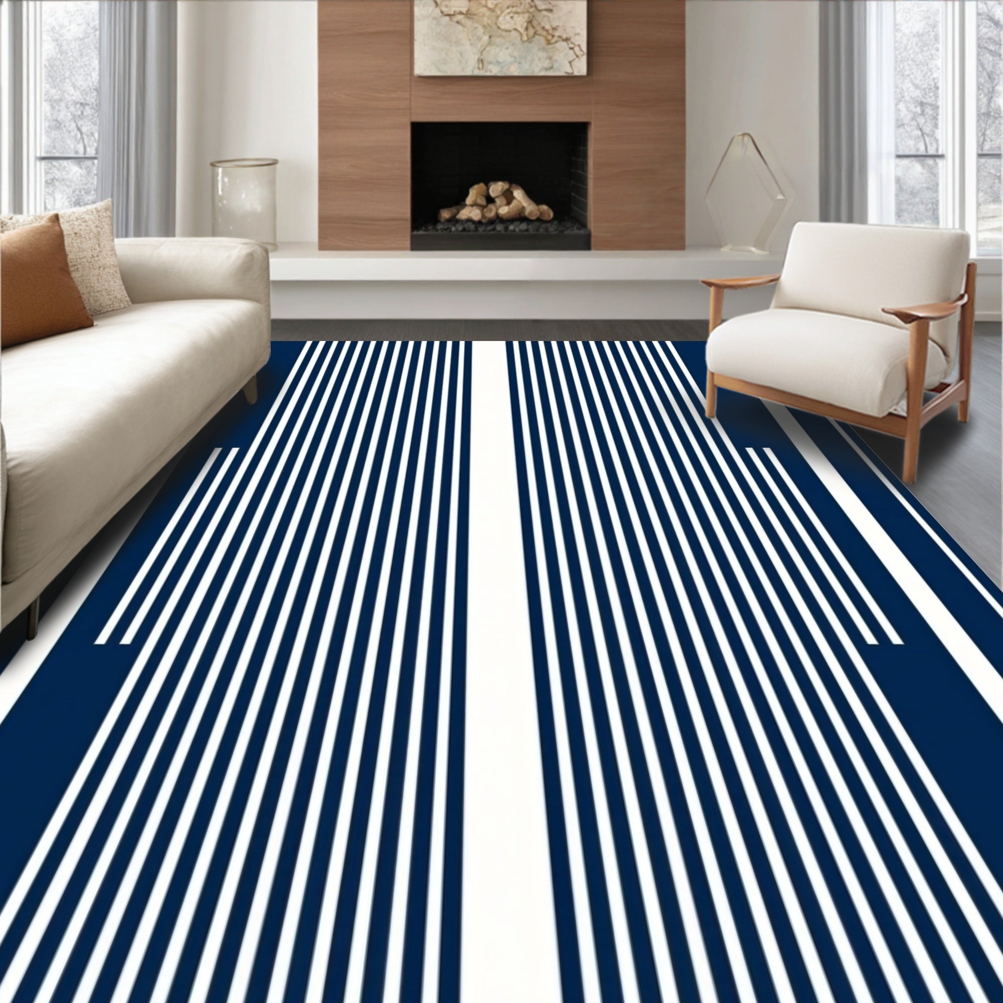 Navy And White Vertical Stripes Pattern Rug