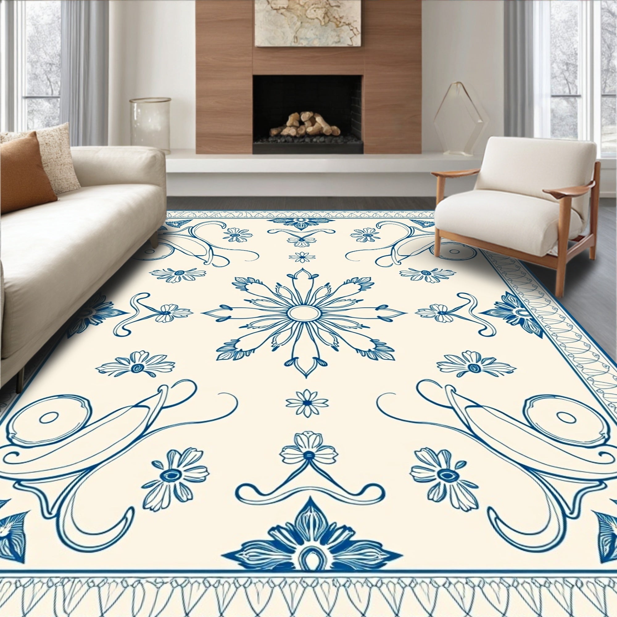 Classic Blue Cream Floral Scroll Rug