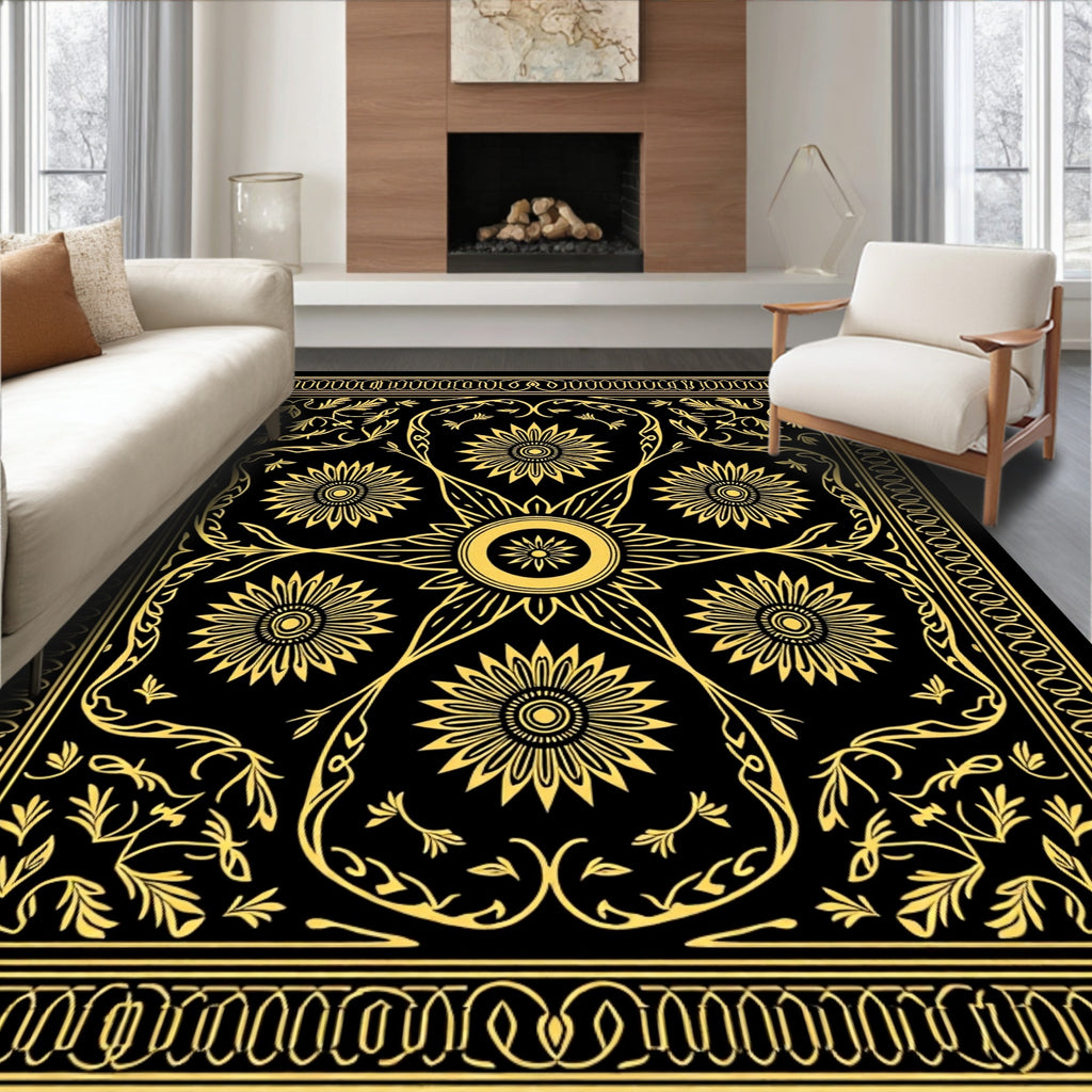 Golden Sunburst Floral Border Rug