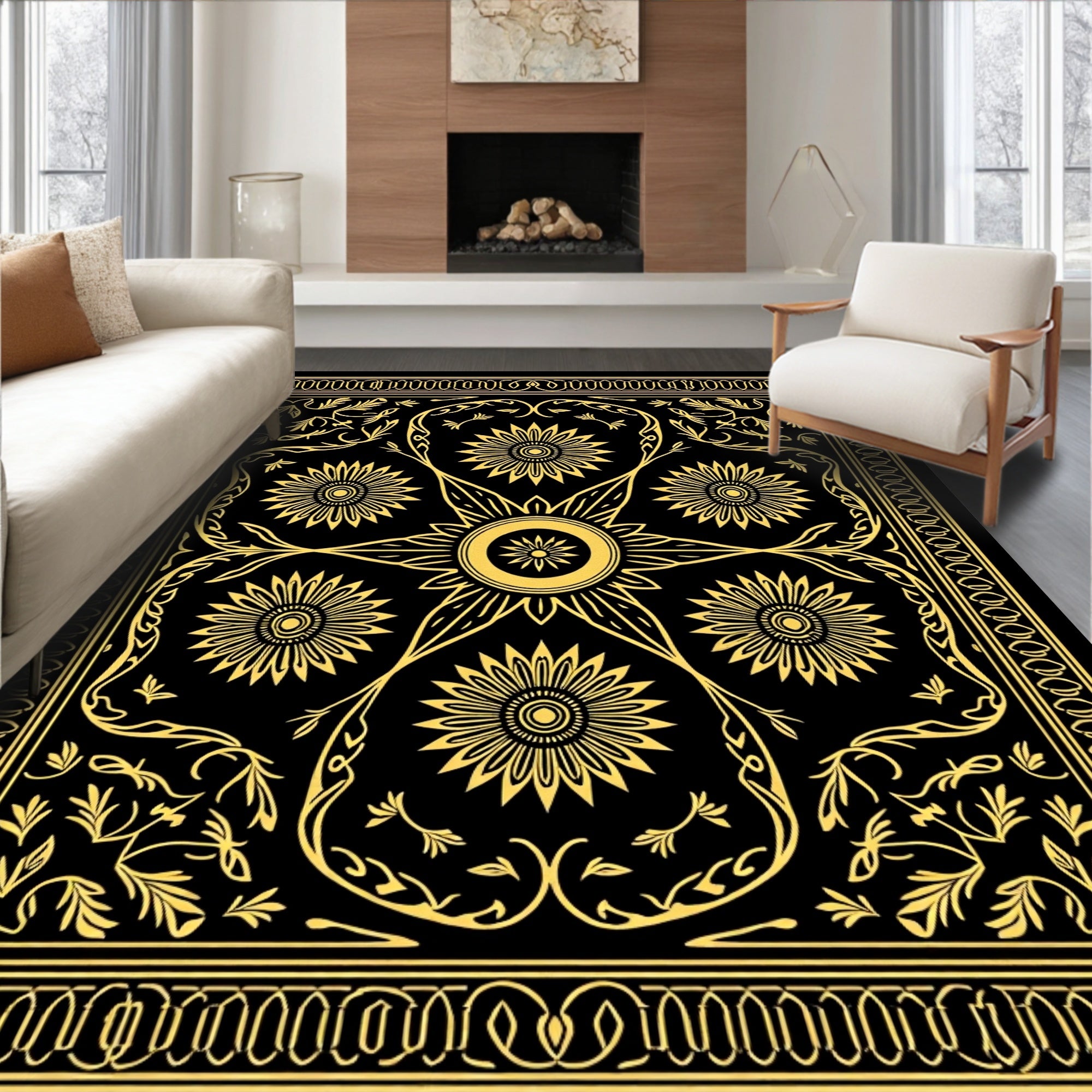 Golden Sunburst Floral Border Rug