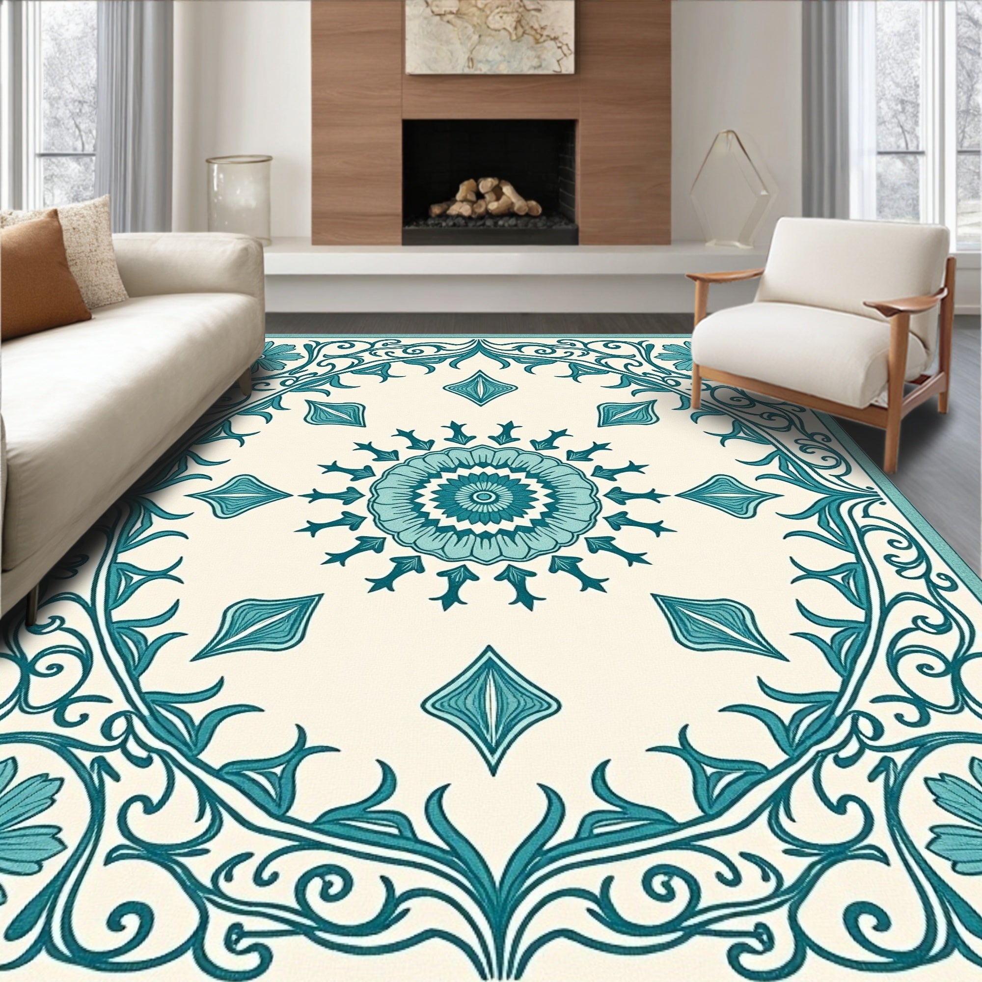 Teal Floral Medallion Vine Pattern Rug