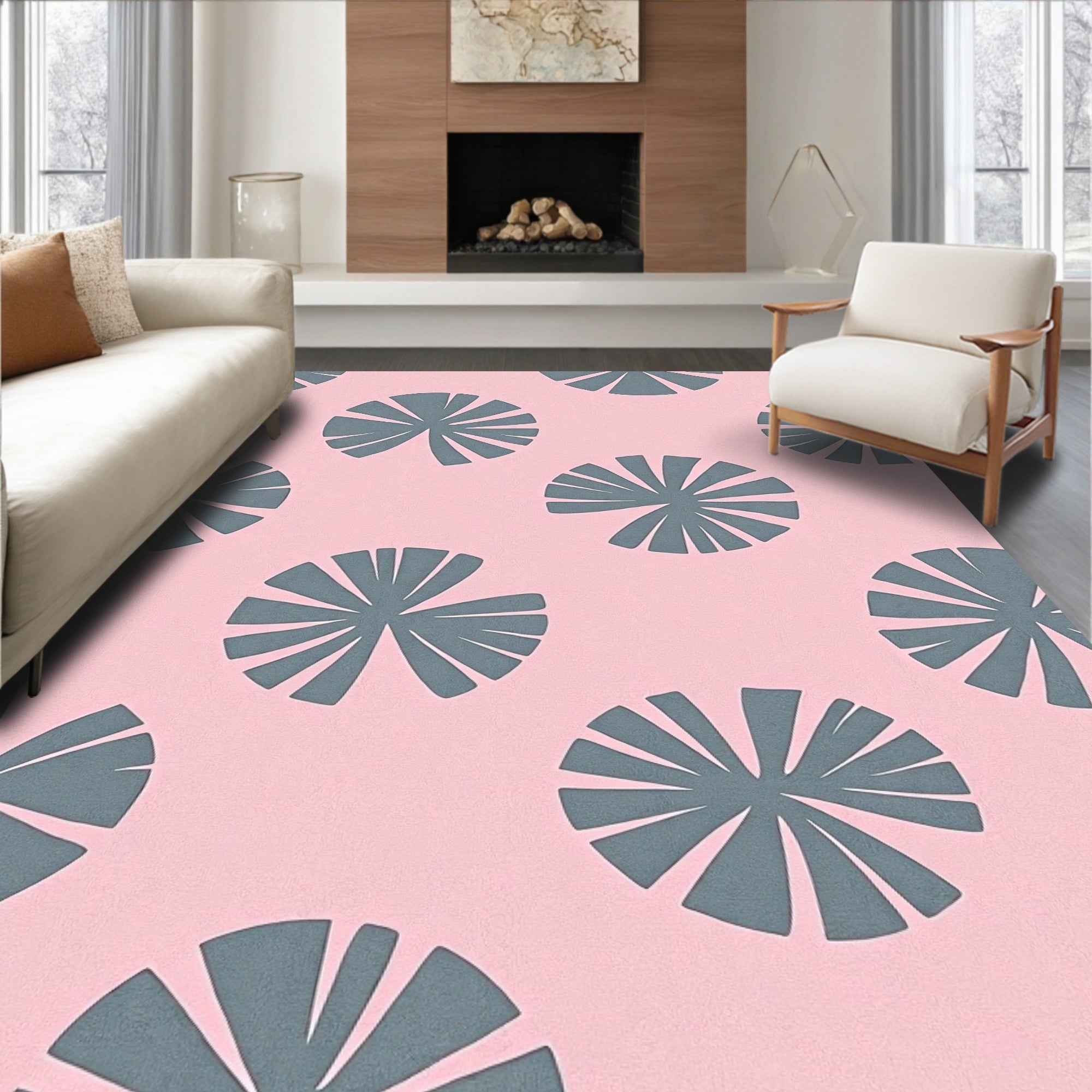 Grey Petal Pattern on Pink Background Rug