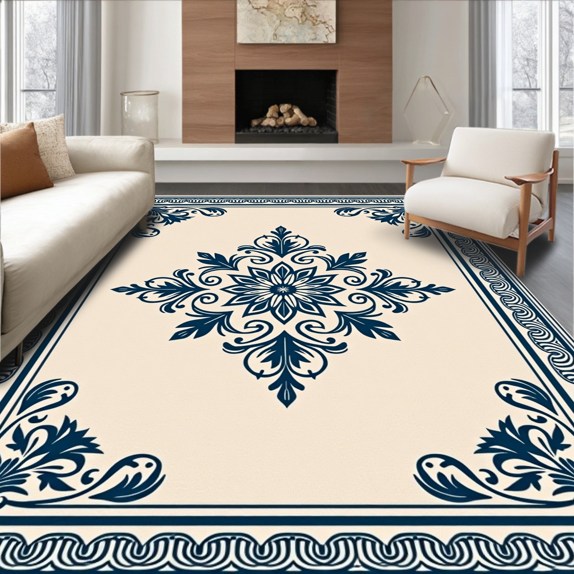 Ornate Floral Medallion Border Pattern Rug