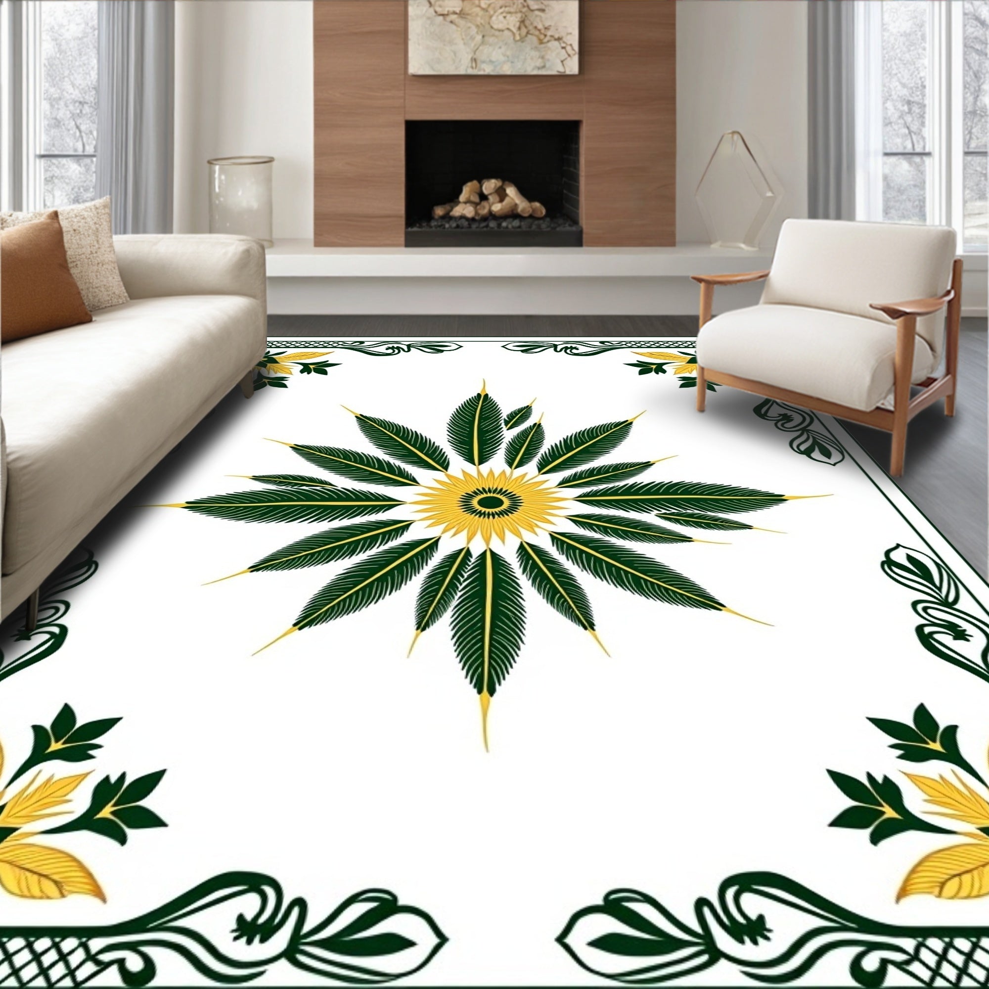 Green And Gold Feather Mandala Design Rug