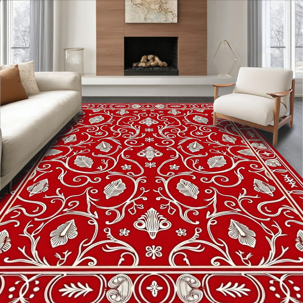 Vibrant Red White Floral Vine Scroll Rug