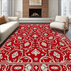 Vibrant Red White Floral Vine Scroll Rug