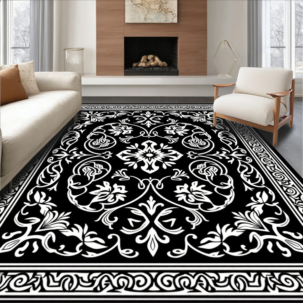 Classic Black White Floral Damask Design Rug