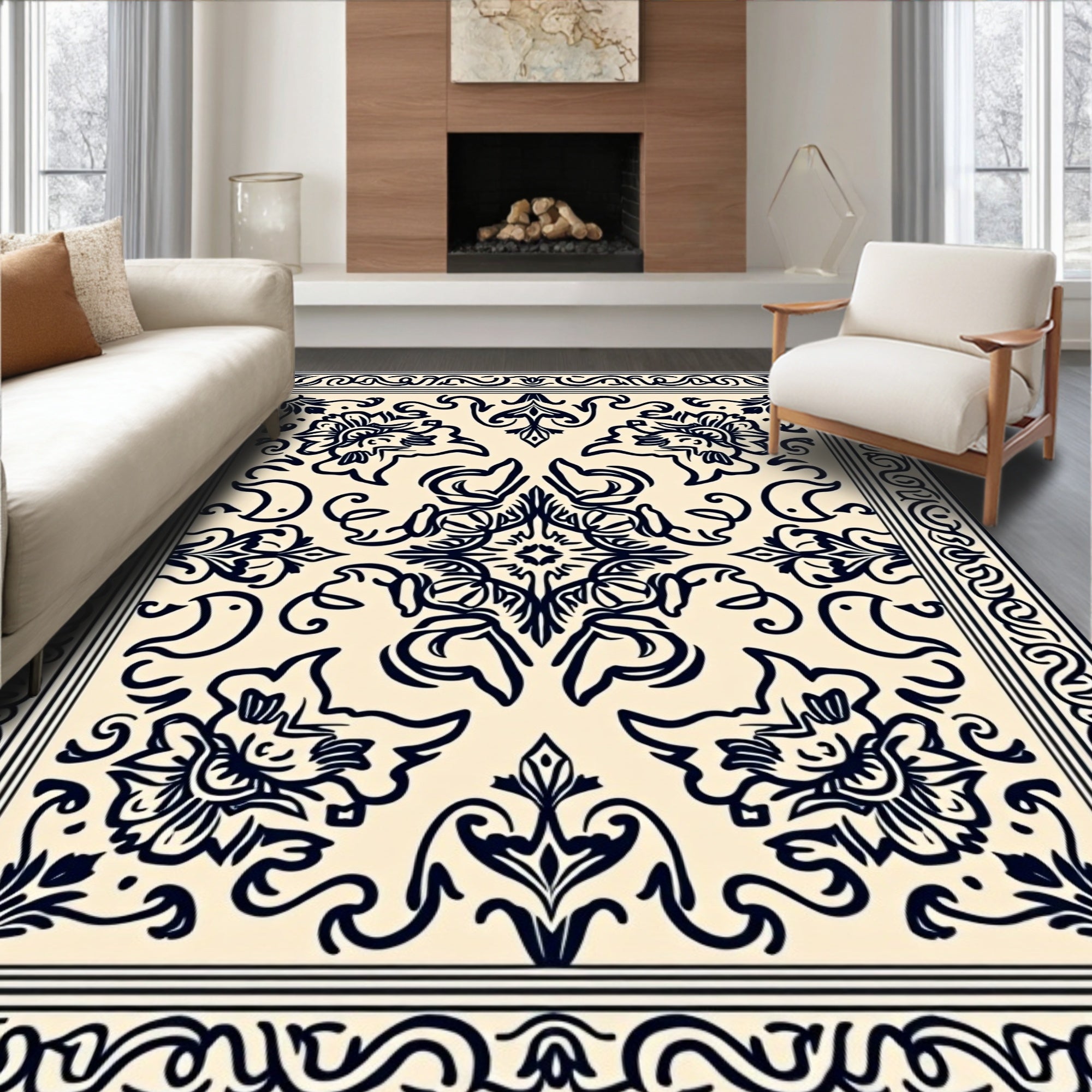 Classic Floral Scroll Border Pattern Rug