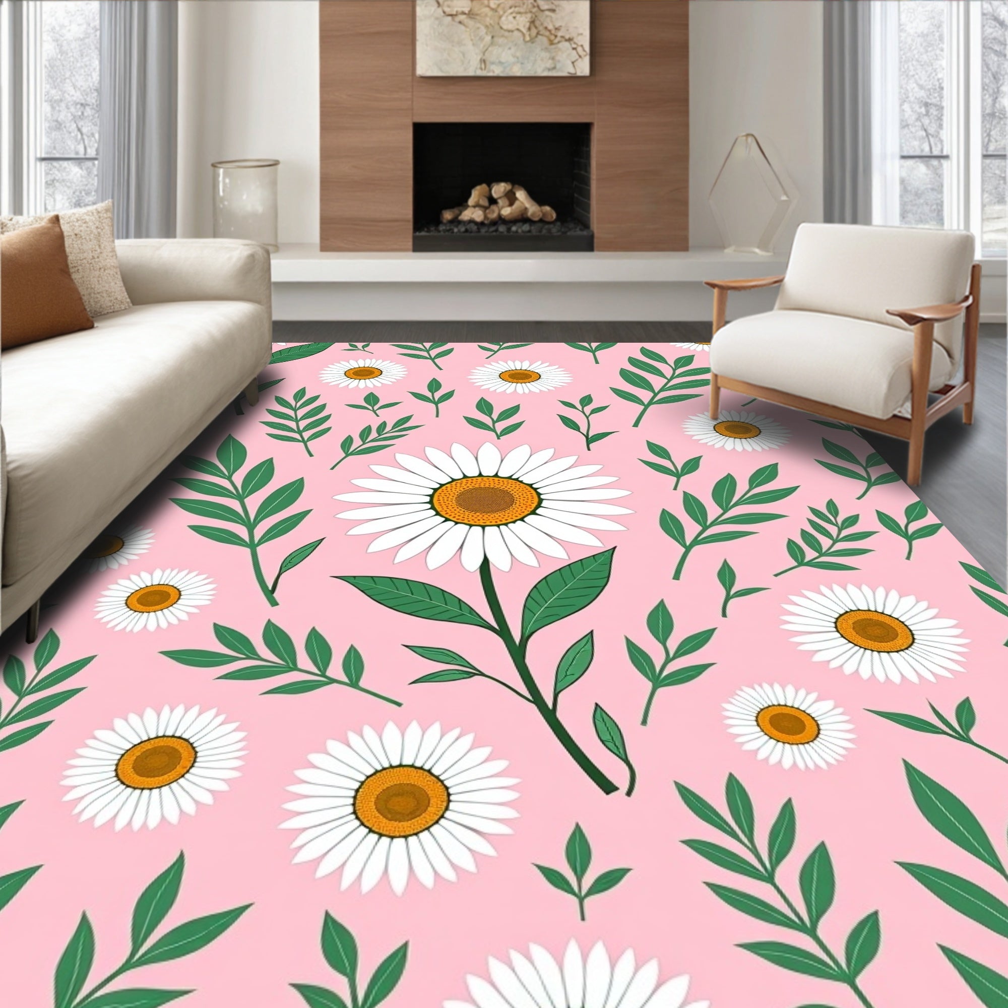 Pink Daisy Pattern With Green Foliage Rug