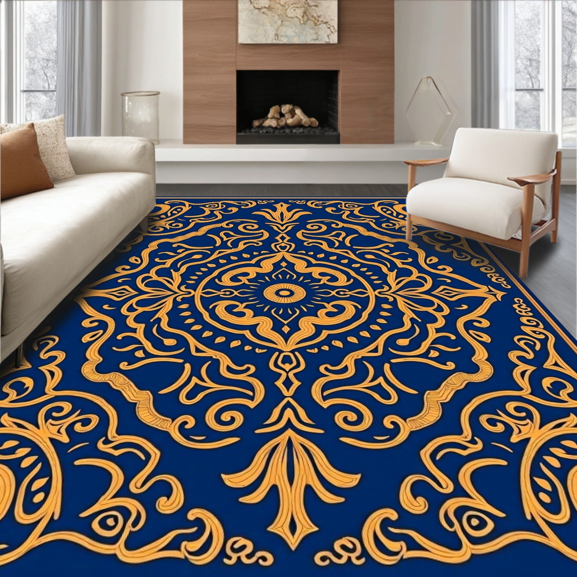 Rich Blue Gold Ornate Scroll Rug