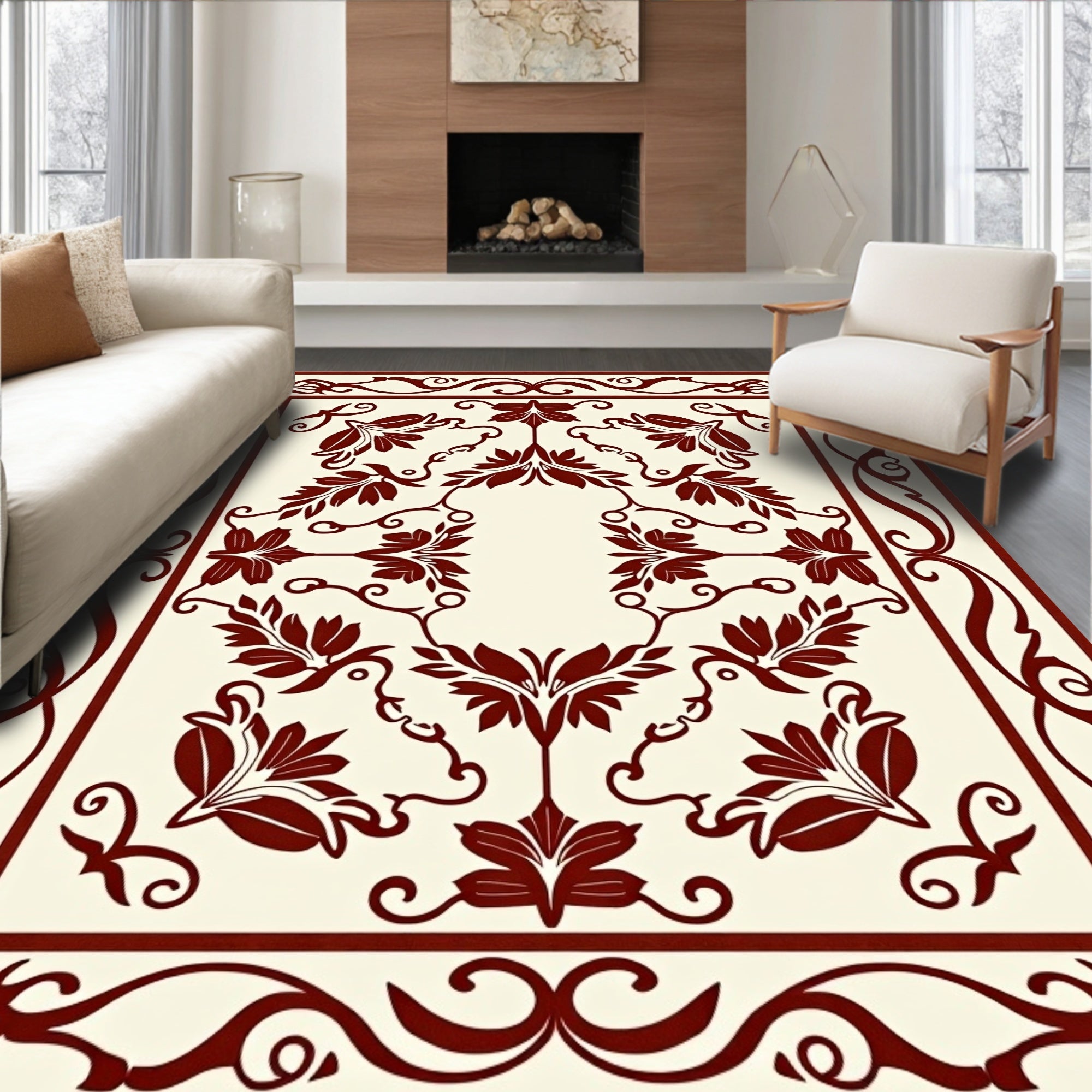 Classic Floral Border With Swirls Design Rug
