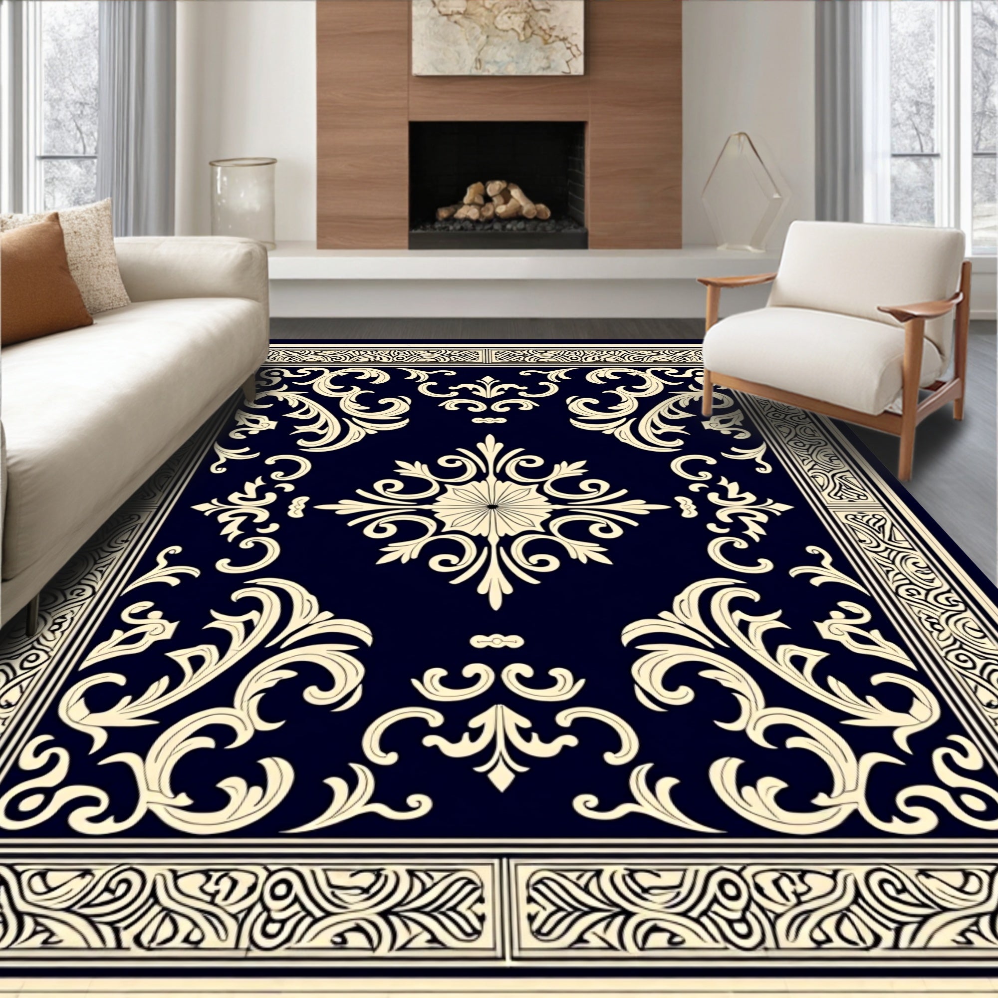 Ornate Damask Floral Ivory Pattern Rug