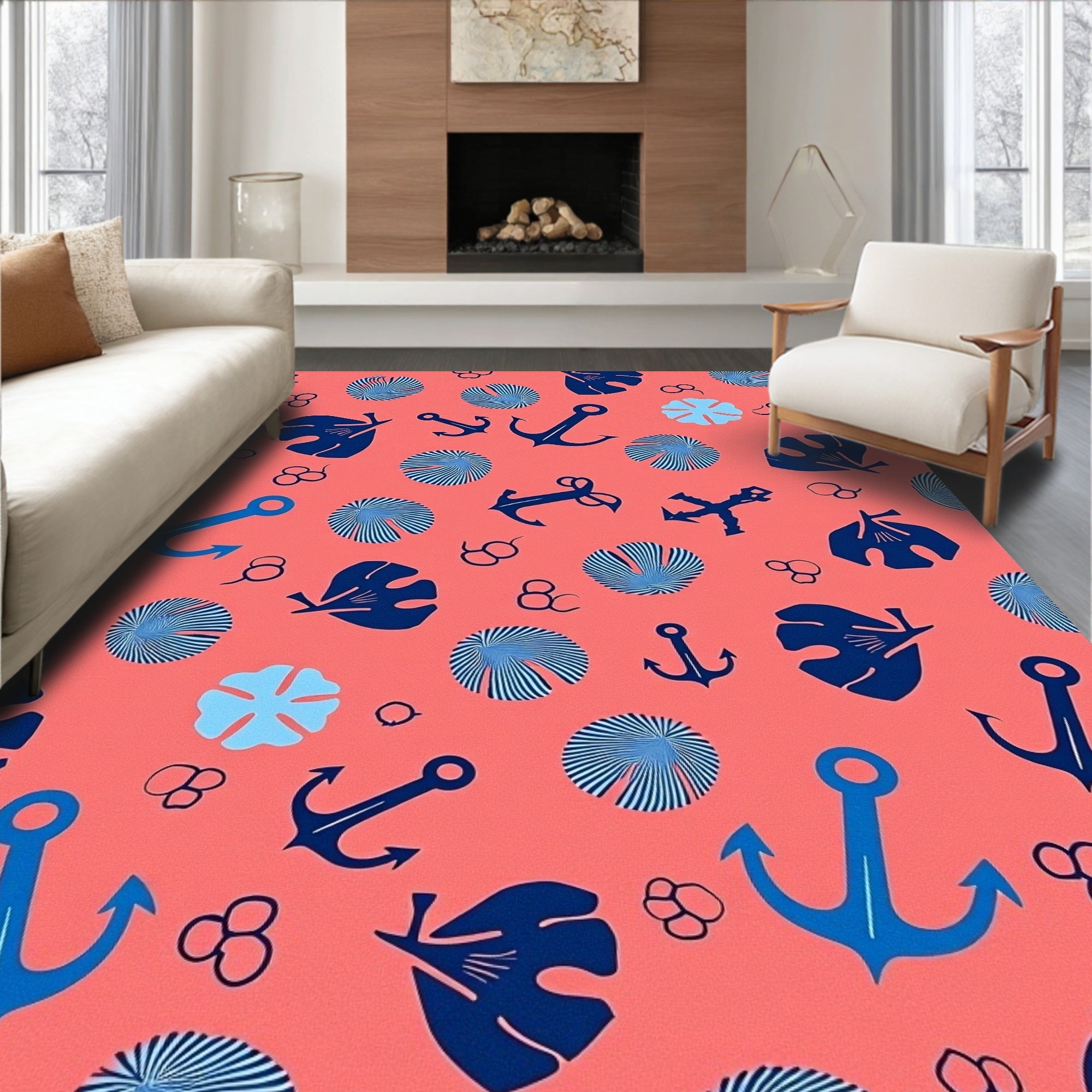 Nautical Anchor Leaf Circles Design Rug
