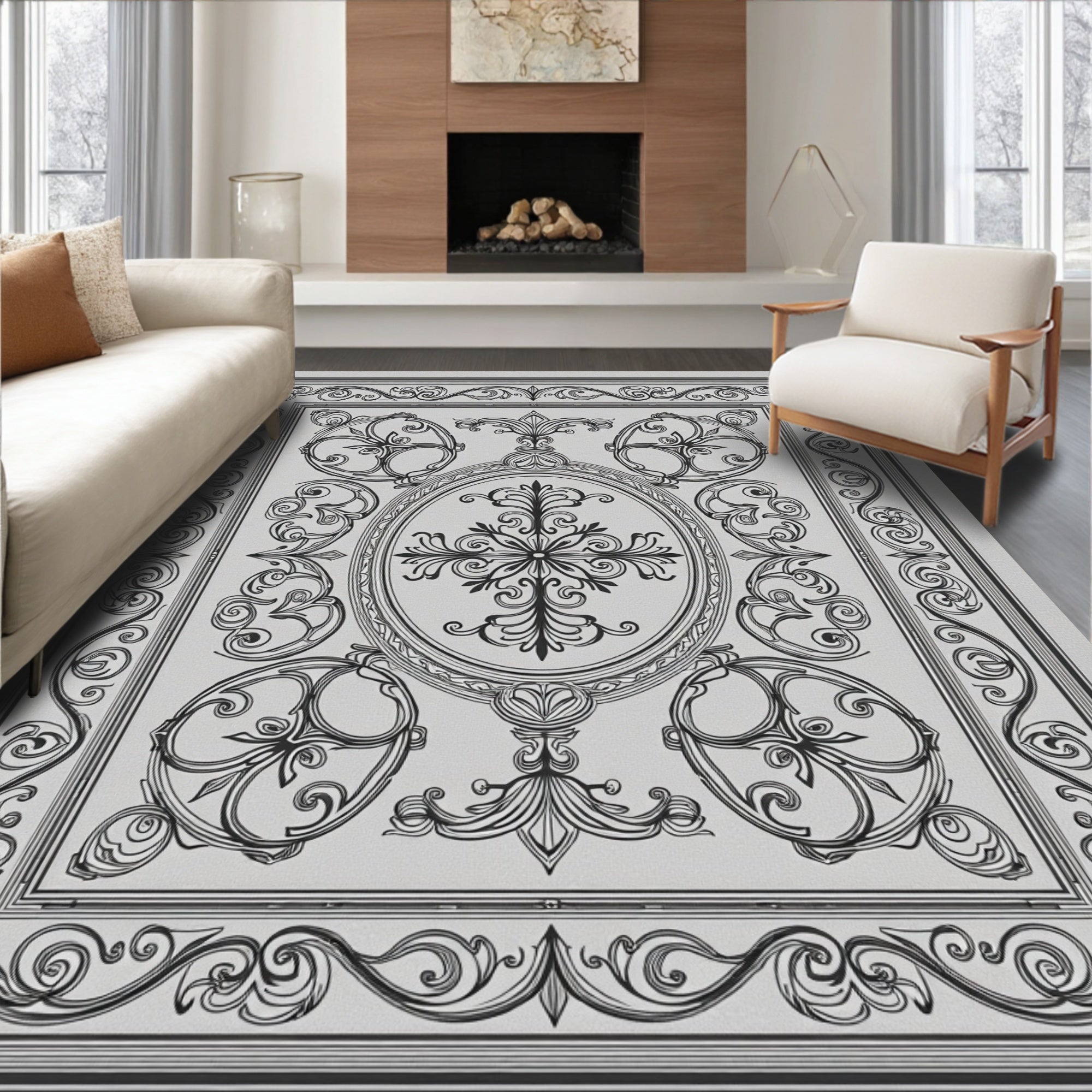 Intricate Scrollwork Oval Medallion Design Rug