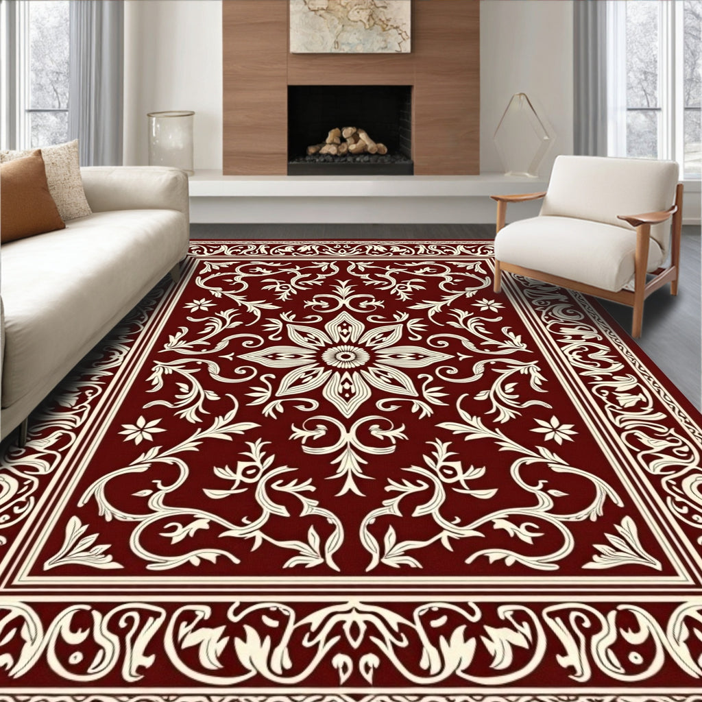 Regal Crimson Floral Scroll Rug