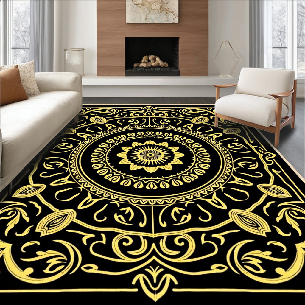 Black Gold Intricate Floral Mandala Design Rug