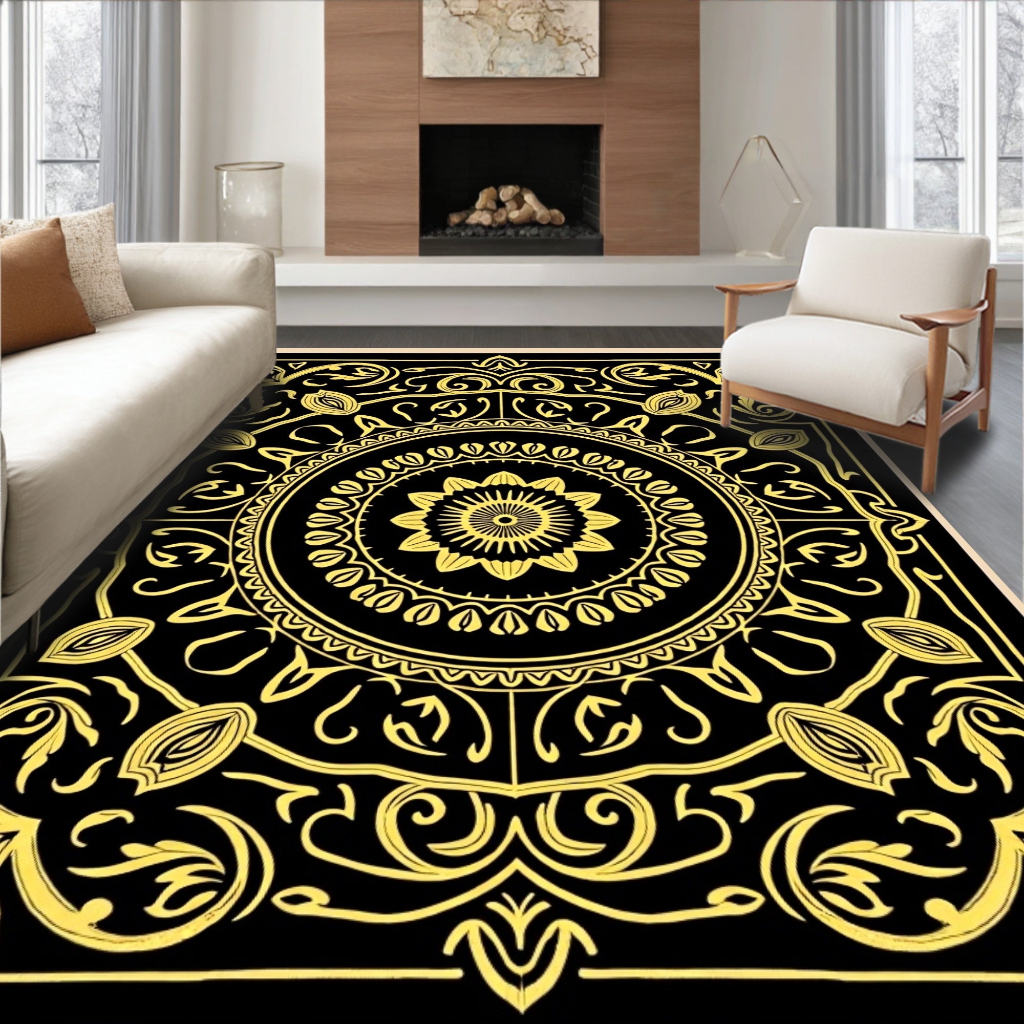 Black Gold Intricate Floral Mandala Design Rug