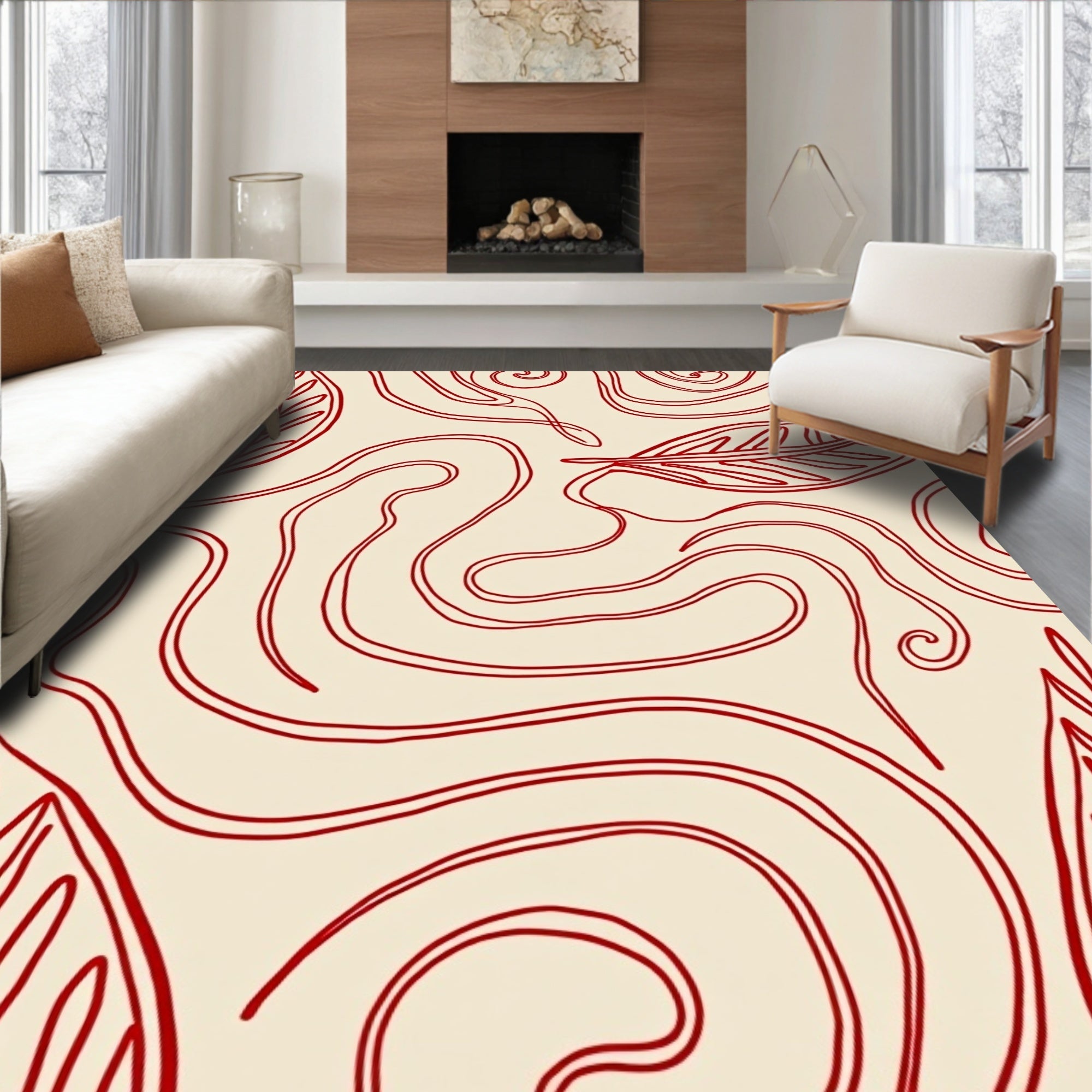 Red Leaf Swirl Modern Art Rug