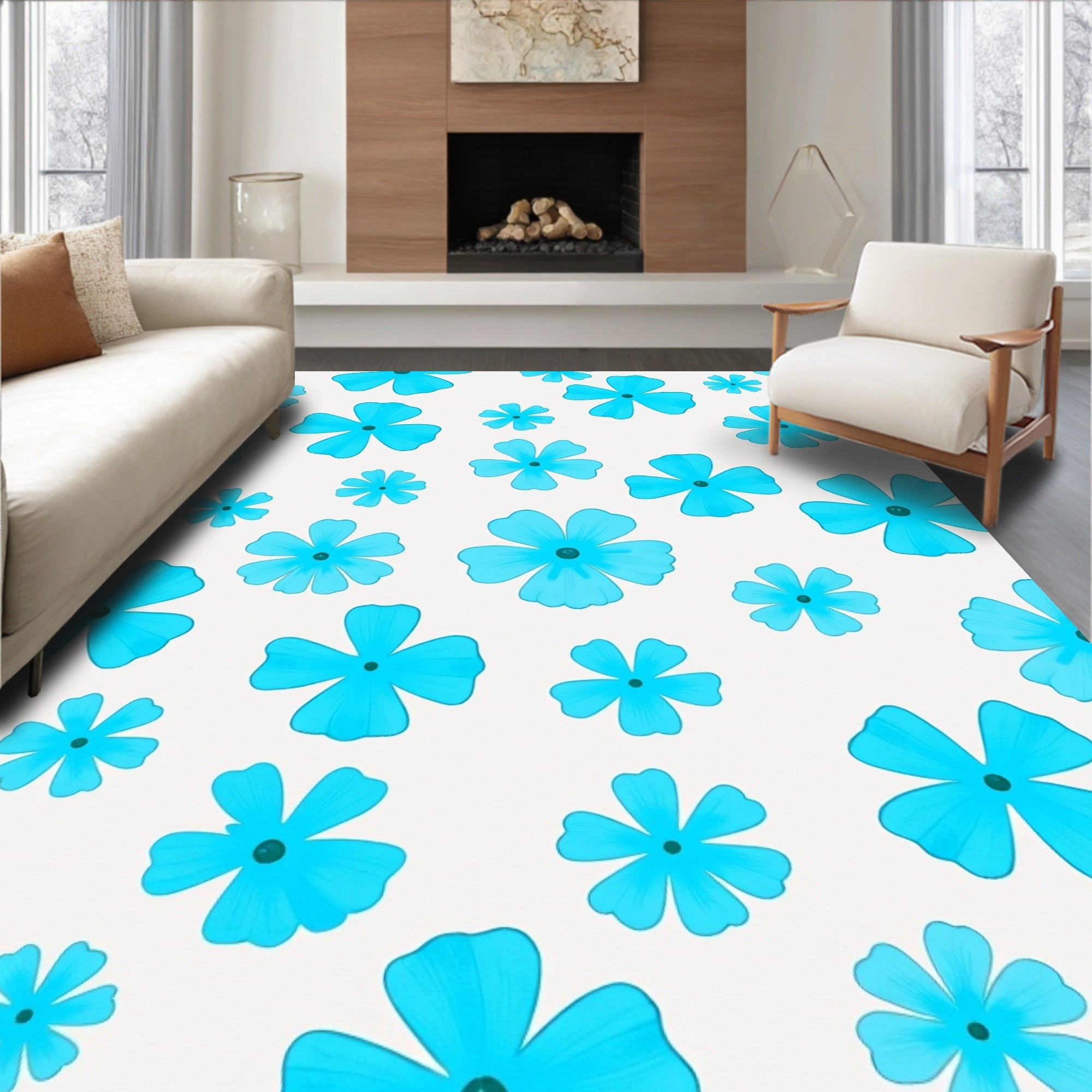 Bright Blue Floral Pattern Rug