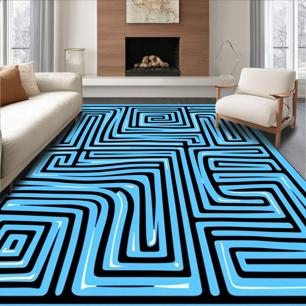 Abstract Blue Maze Line Art Rug