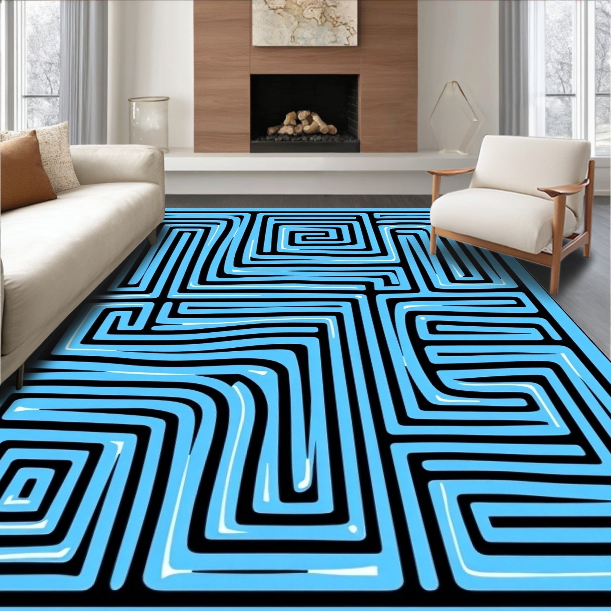 Abstract Blue Maze Line Art Rug