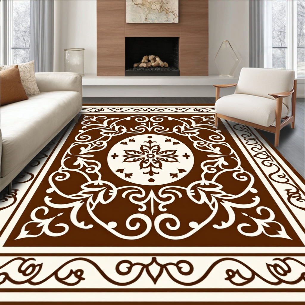 Ornate Brown Cream Floral Scroll Rug