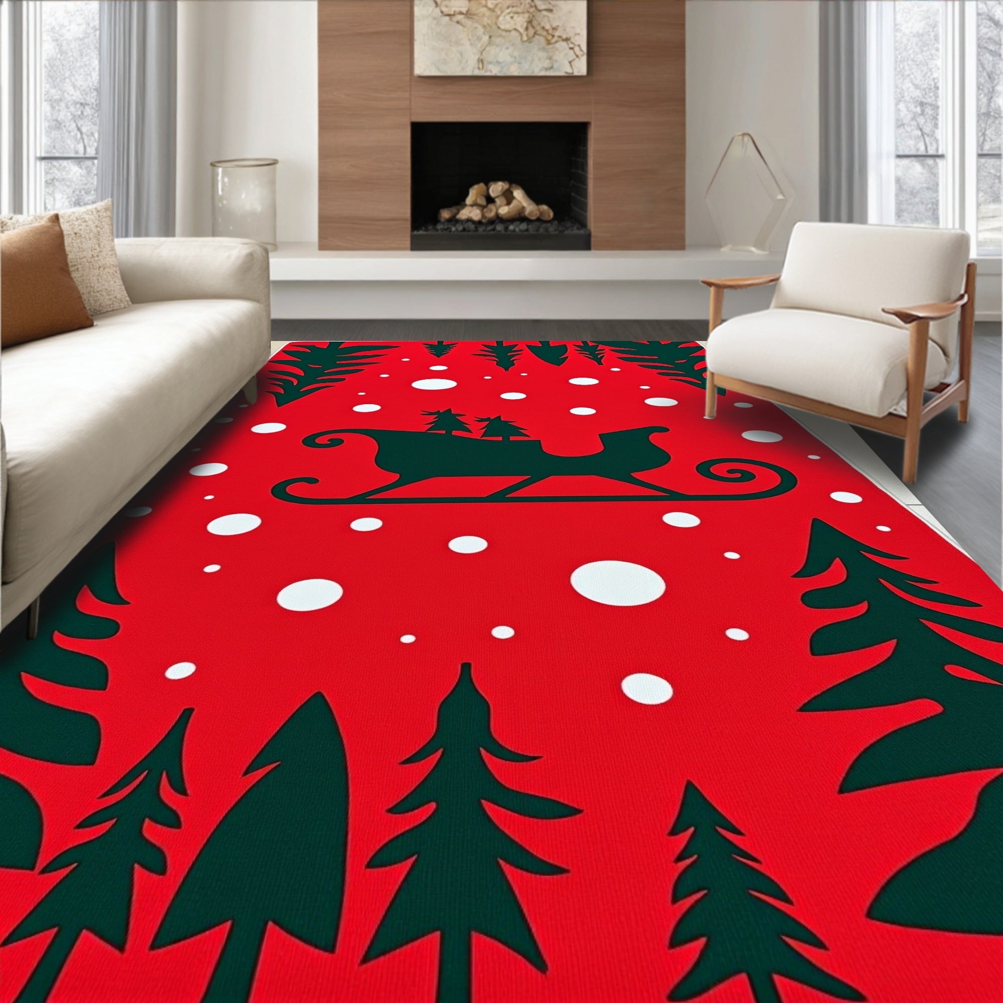 Red Sleigh Pine Trees Snowflakes Rug