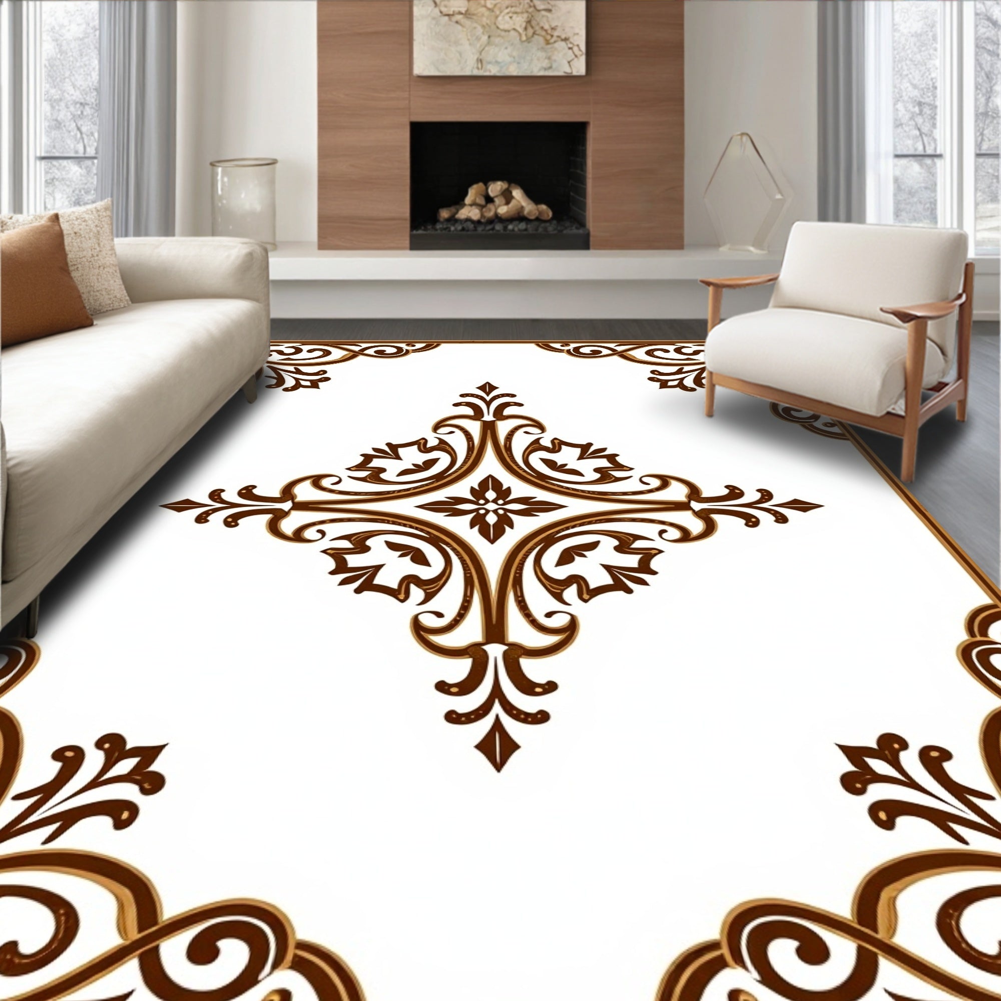 Elegant Brown Floral Scroll Design Rug
