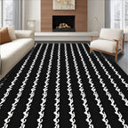 Black White Vertical Script Stripe Pattern Rug