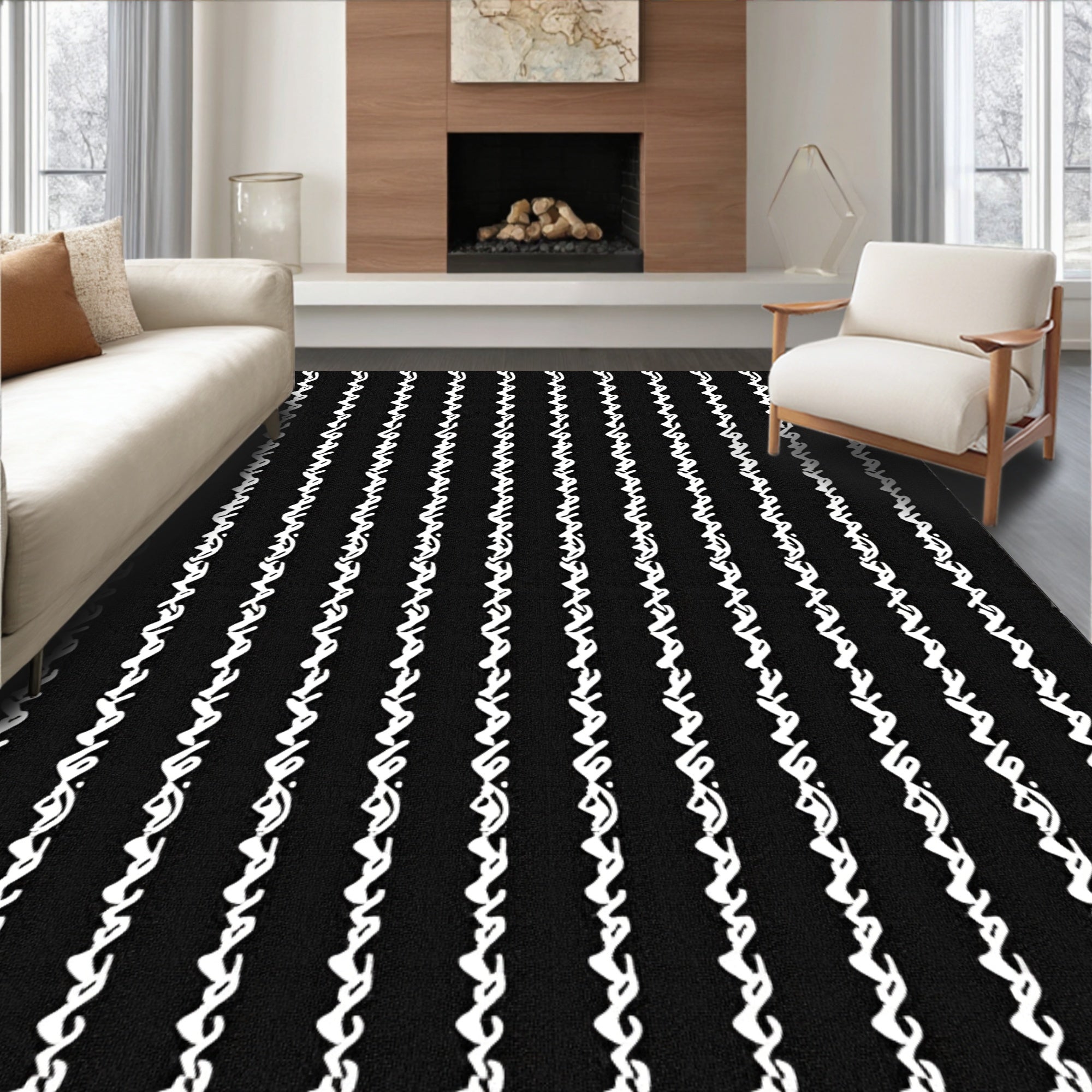 Black White Vertical Script Stripe Pattern Rug