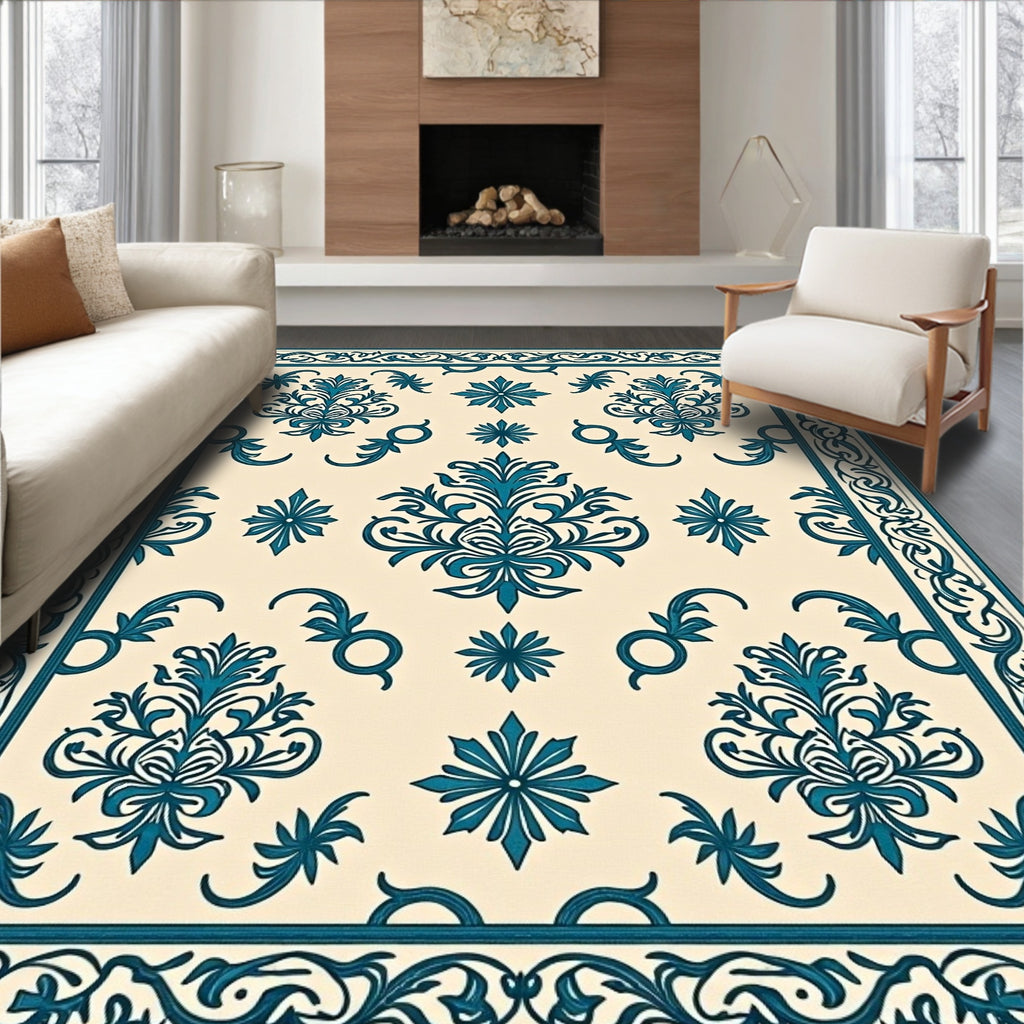 Classic Teal Cream Damask Pattern Rug