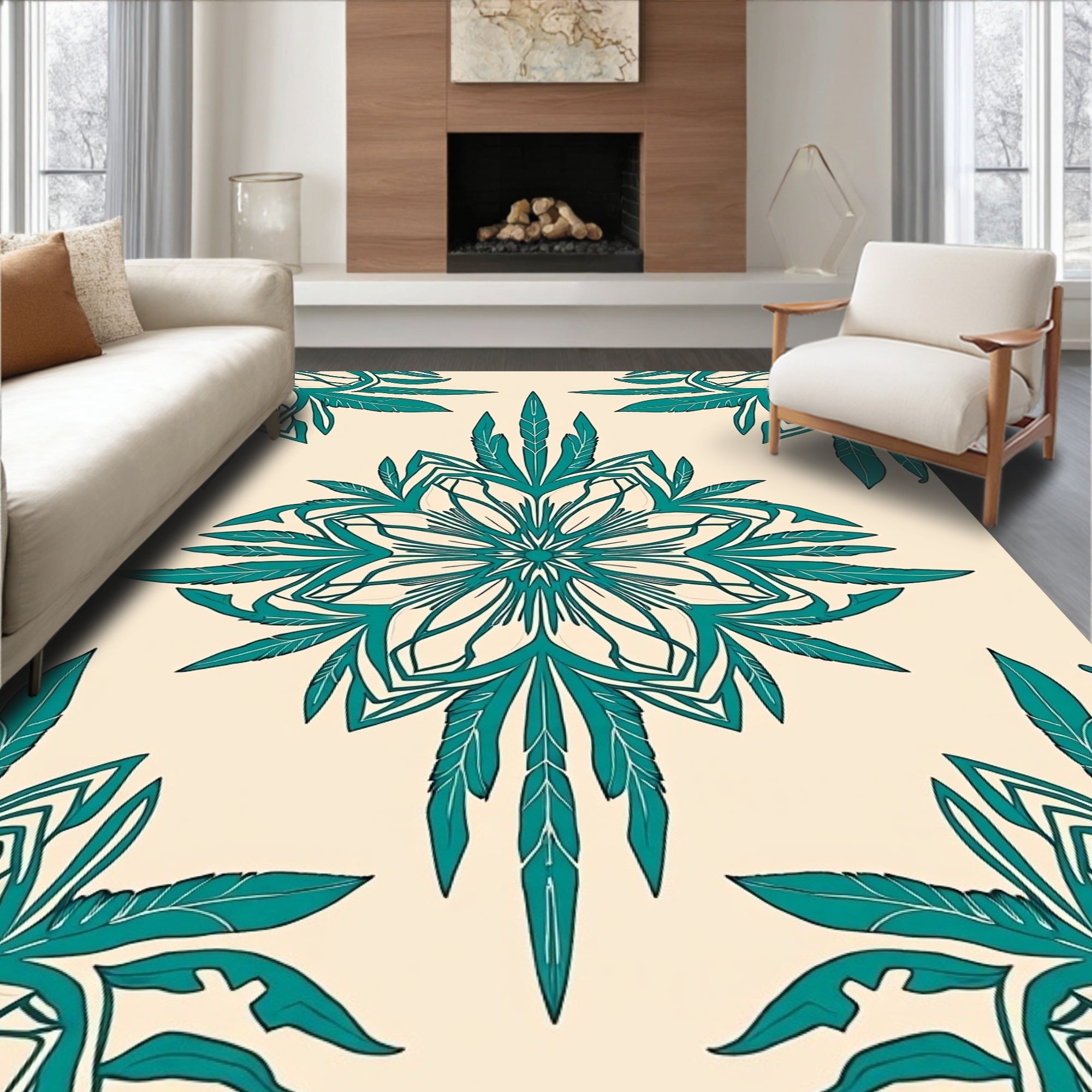 Mandala Feather Teal Pattern Rug