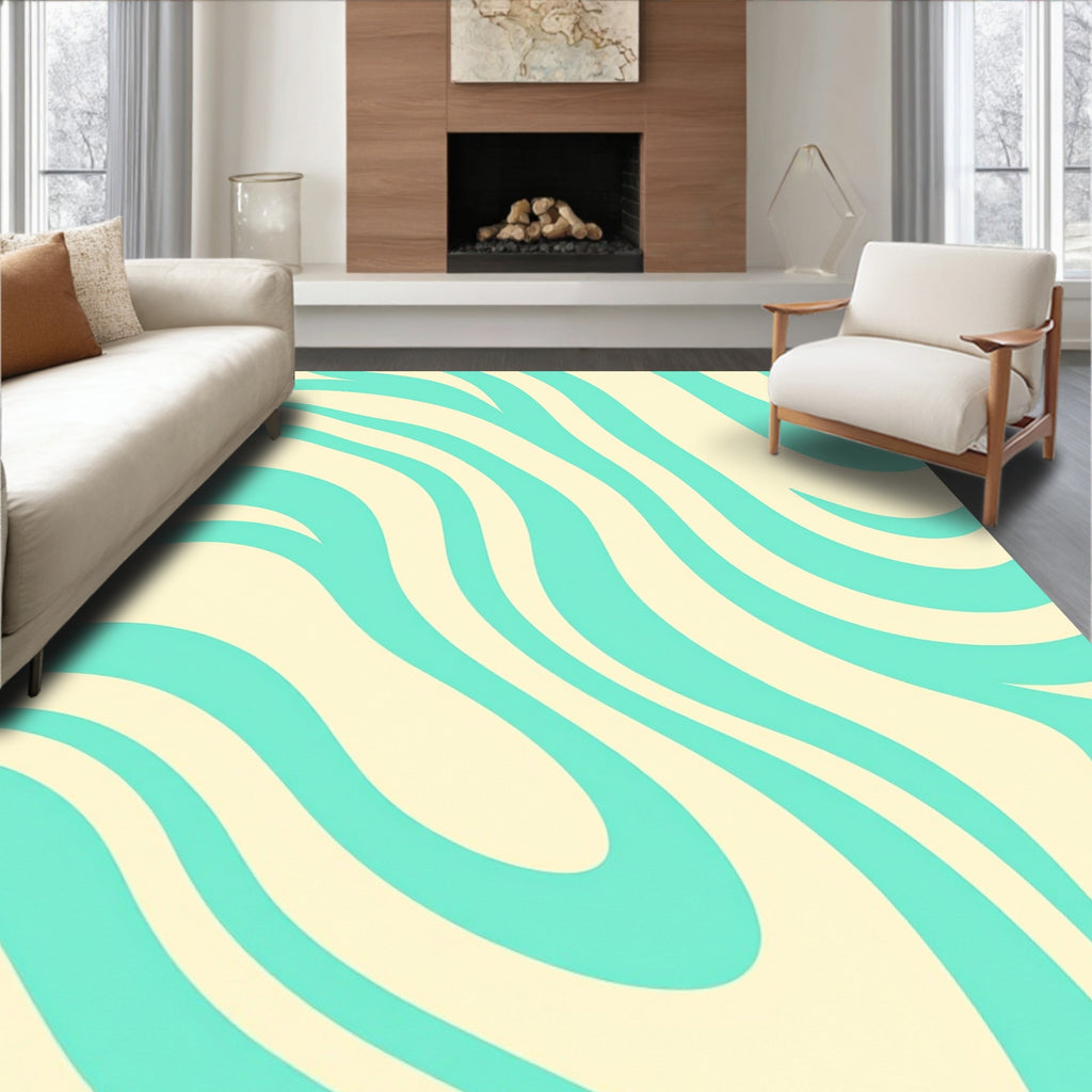 Abstract Aqua And Cream Waves Design Rug