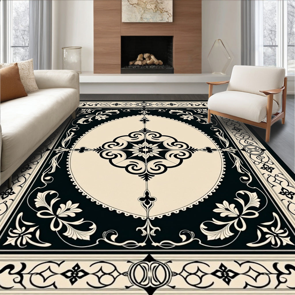 Classic Black Ivory Floral Scroll Rug