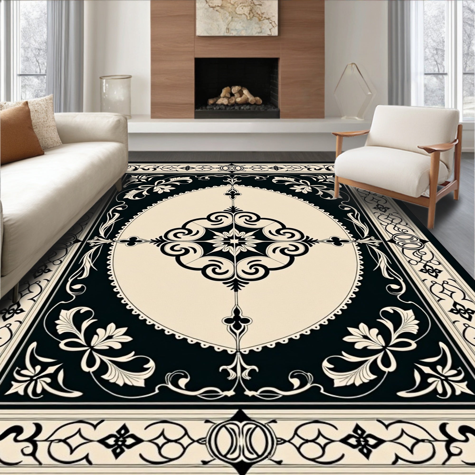 Classic Black Ivory Floral Scroll Rug