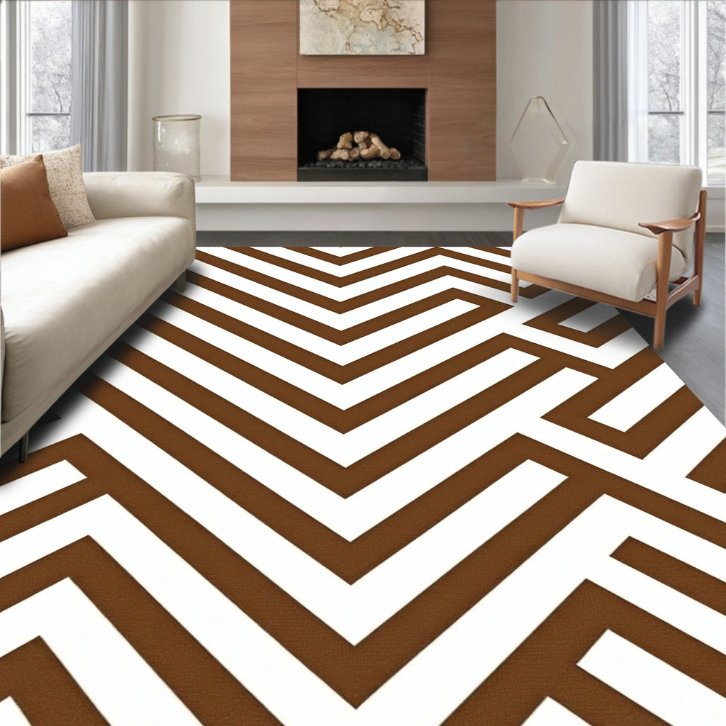 Brown White Geometric Maze Pattern Rug