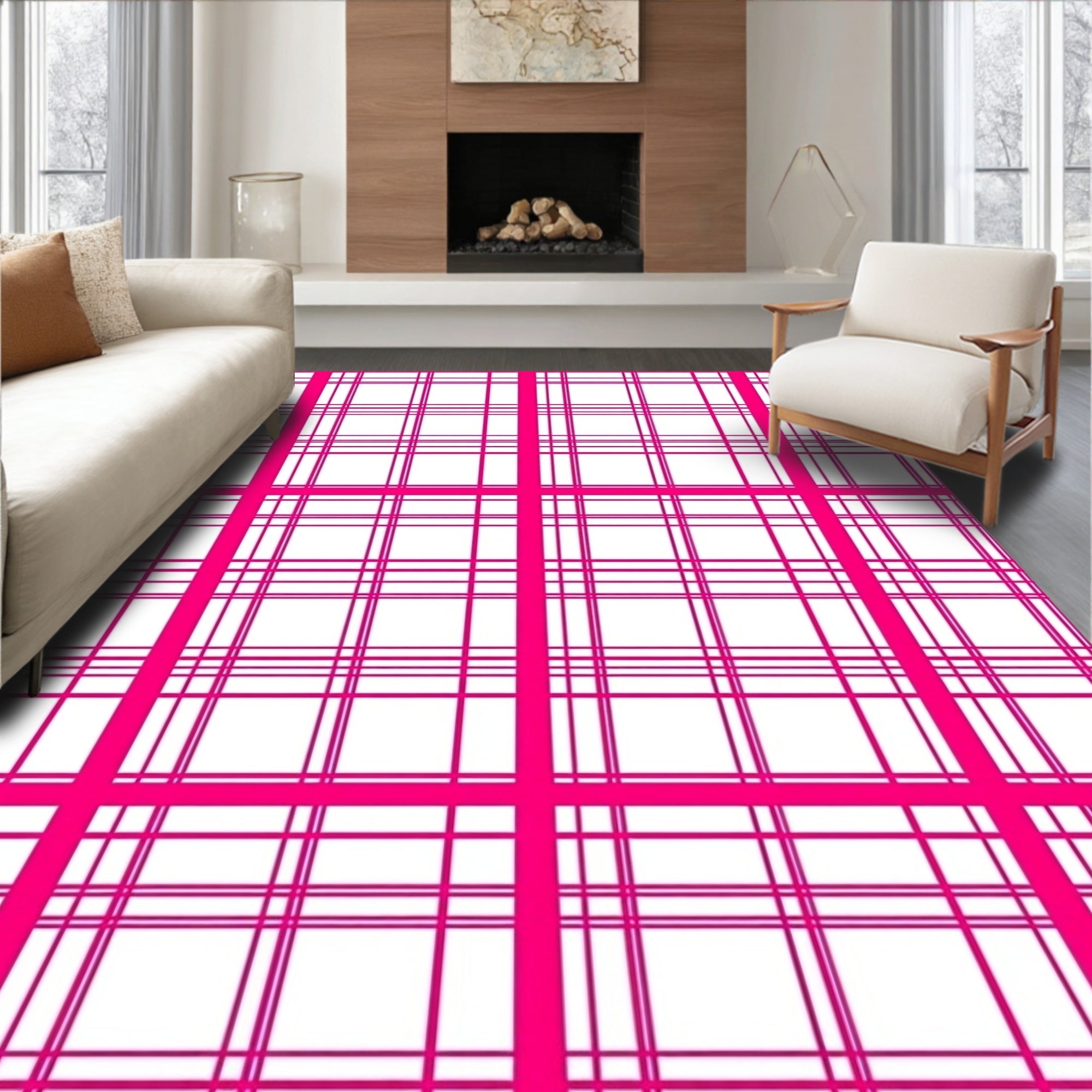 Bold Pink Plaid Pattern Rug