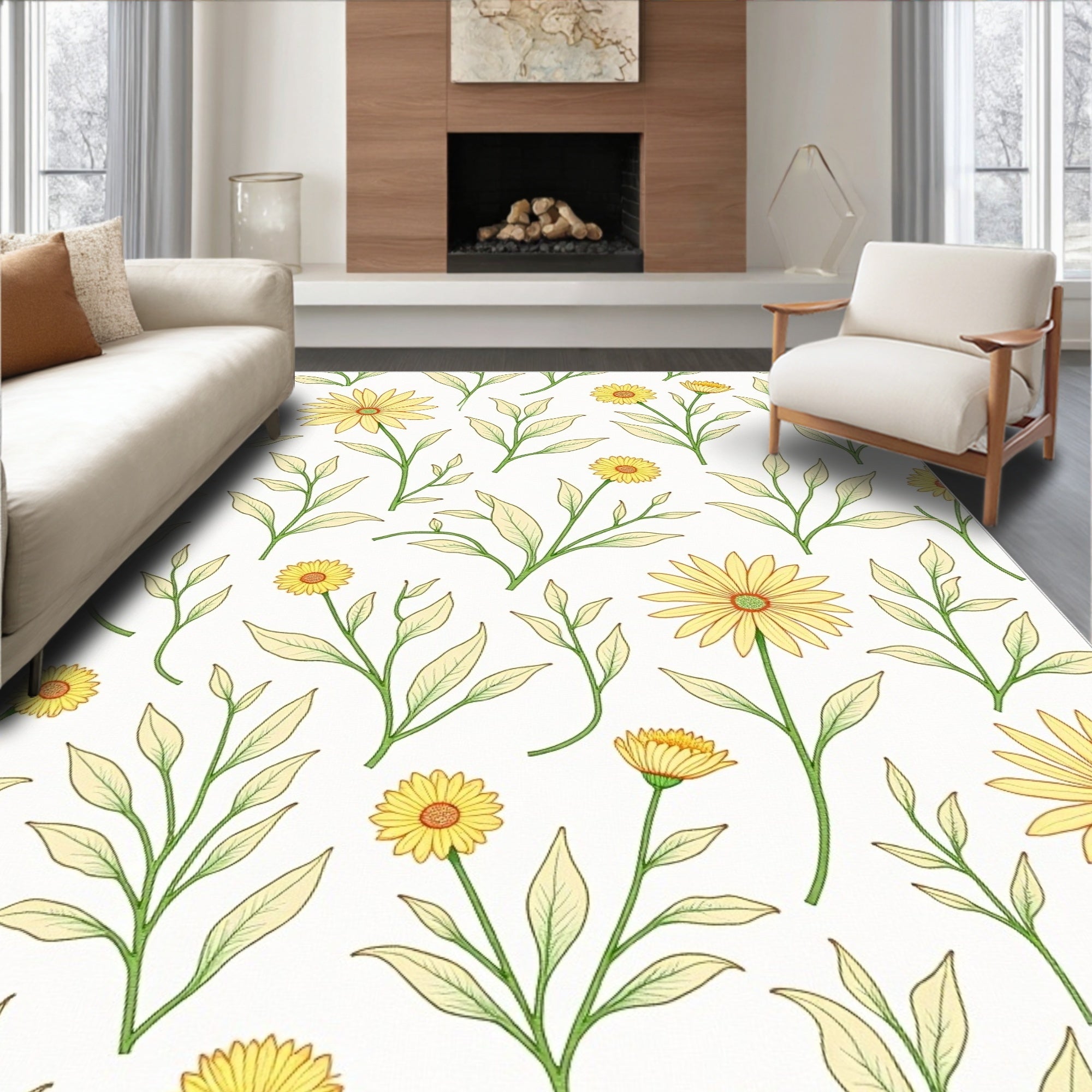 Yellow Daisy Floral Botanical Pattern Rug