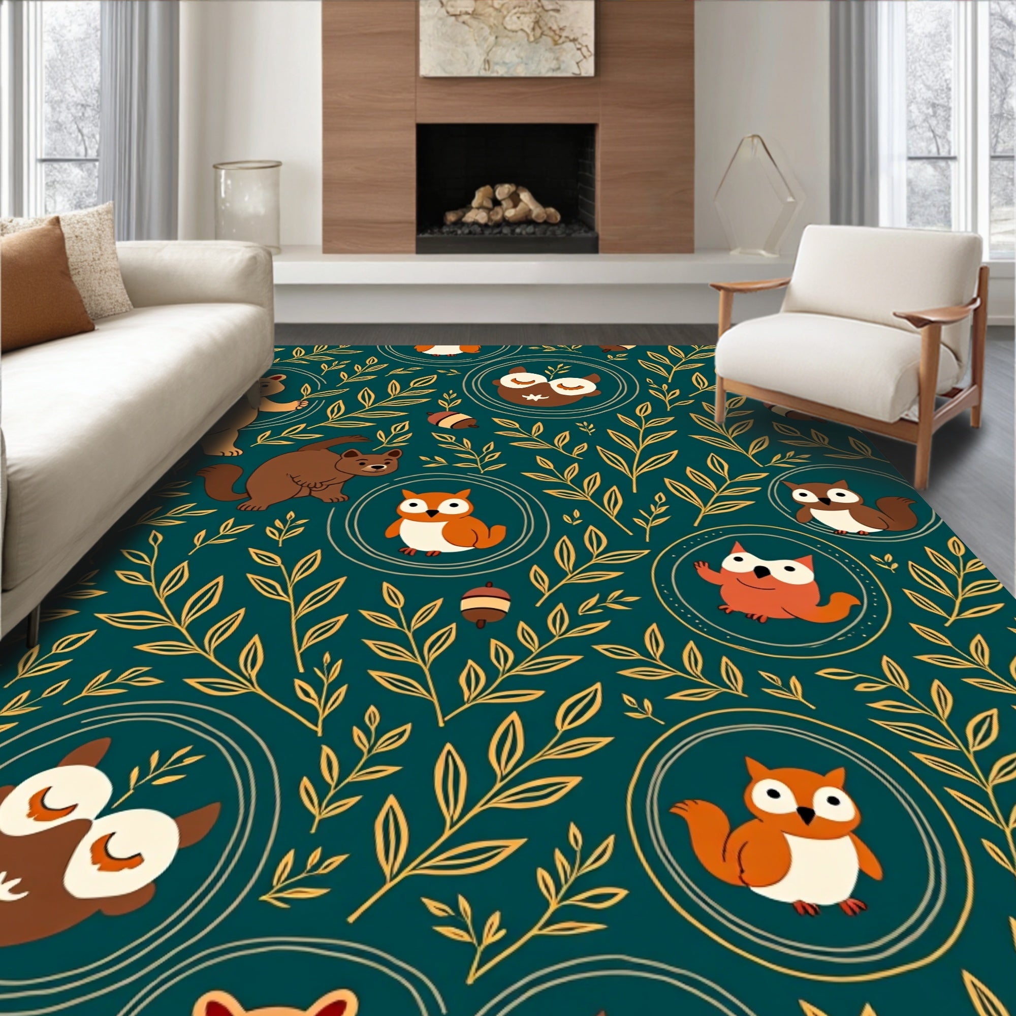 Forest Animals Golden Foliage Pattern Rug