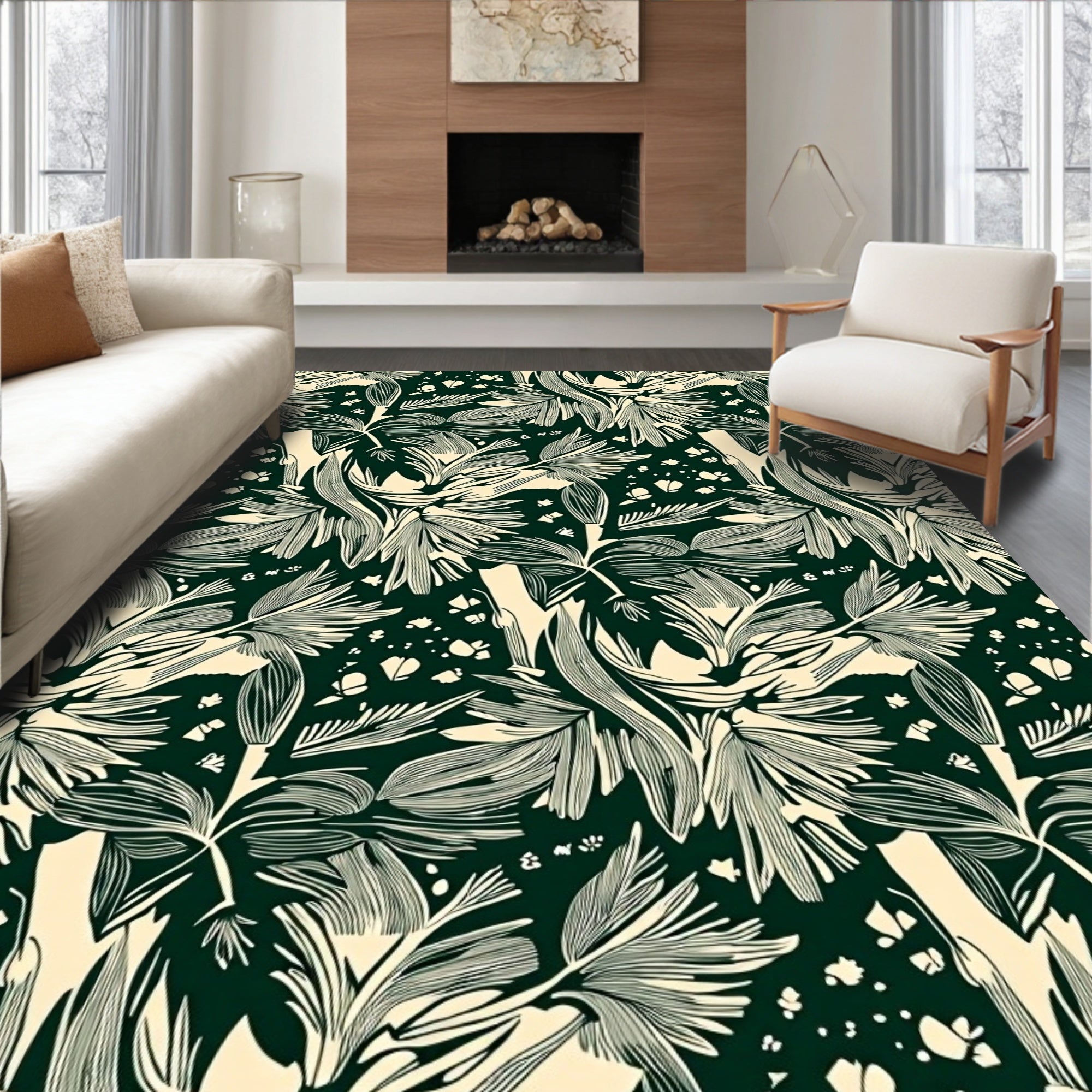 Emerald Green Abstract Botanical Swirl Rug