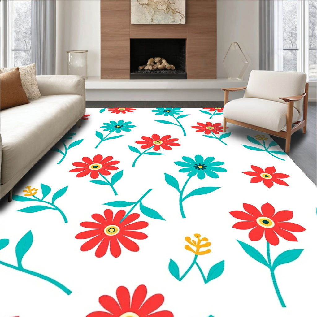 Red Teal Flower Pattern Design Rug