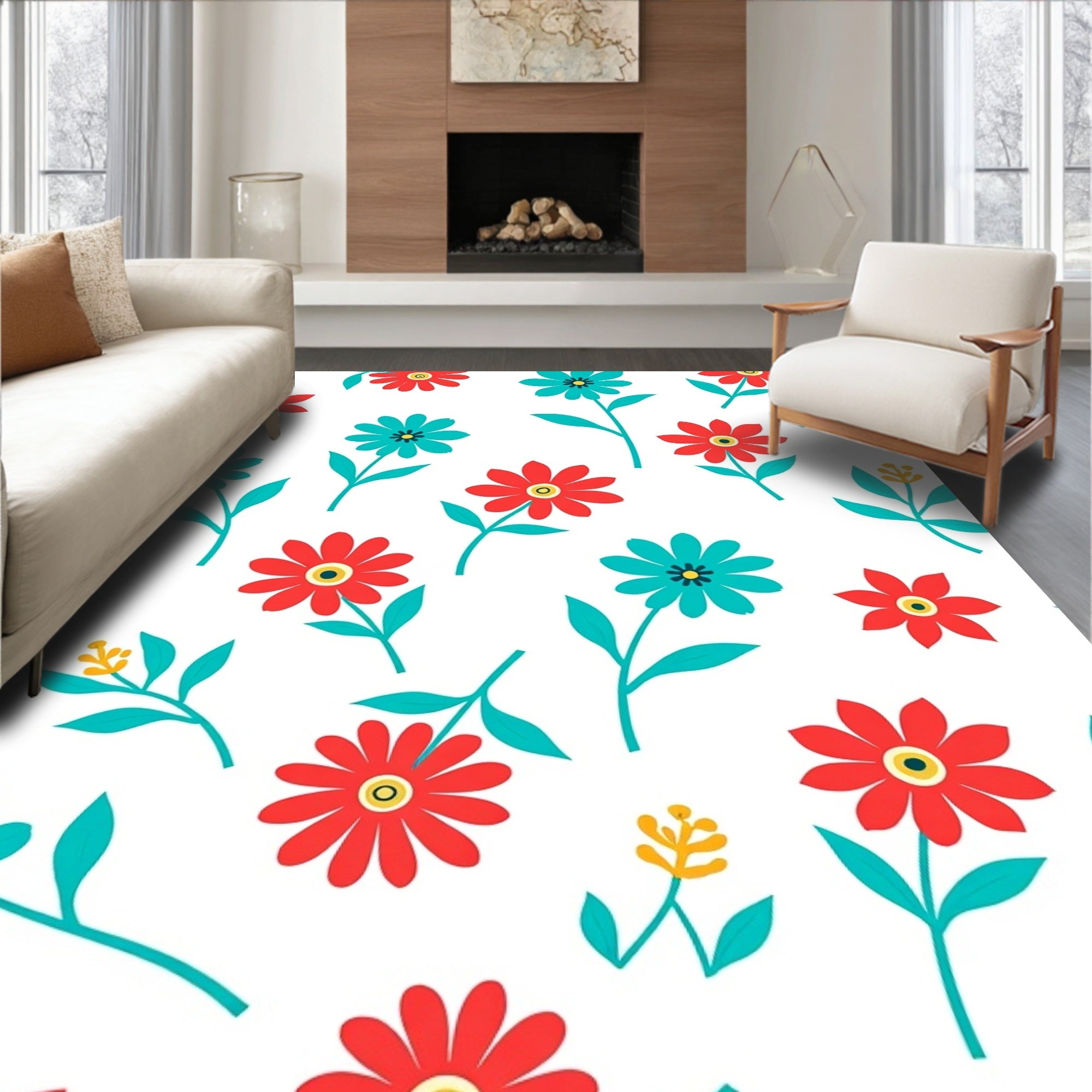 Red Teal Flower Pattern Design Rug