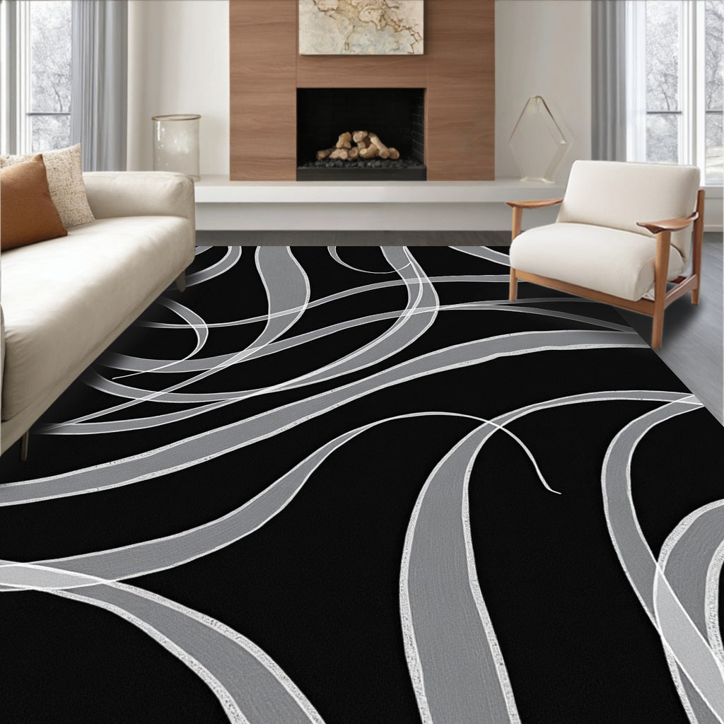 Black White Abstract Swirl Ribbons Rug