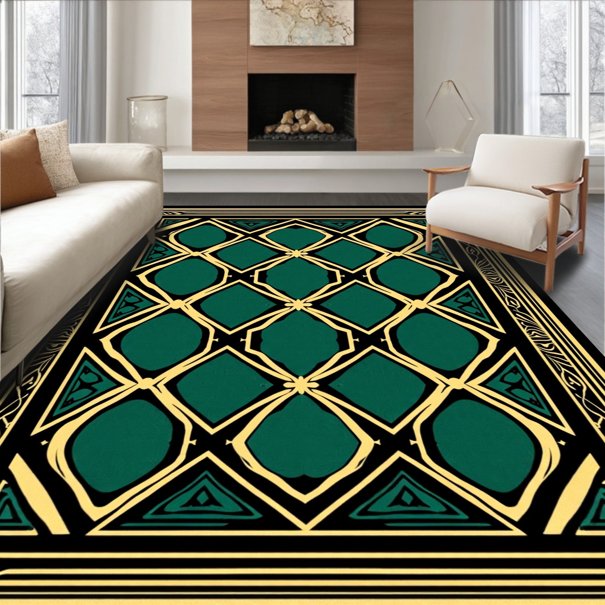 Emerald Golden Geometric Pattern Rug